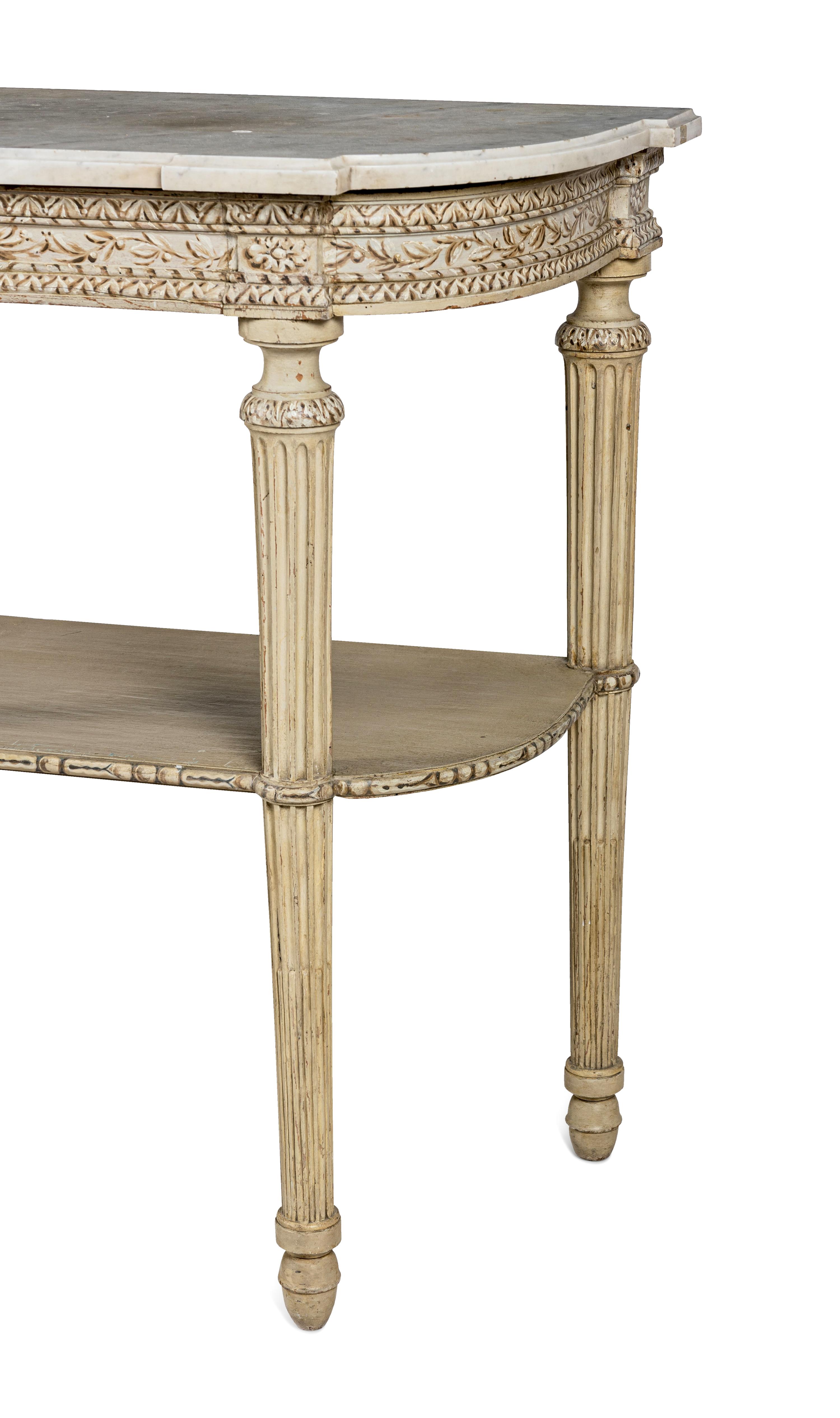 A Pair of Louis XVI Style Grisaille-Painted Console Tables