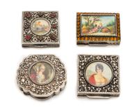 A Group of Four Continental Silver Compacts, Likely Austrian, Late 19th/Early 20th Century, each lid with an inset painted portrait or