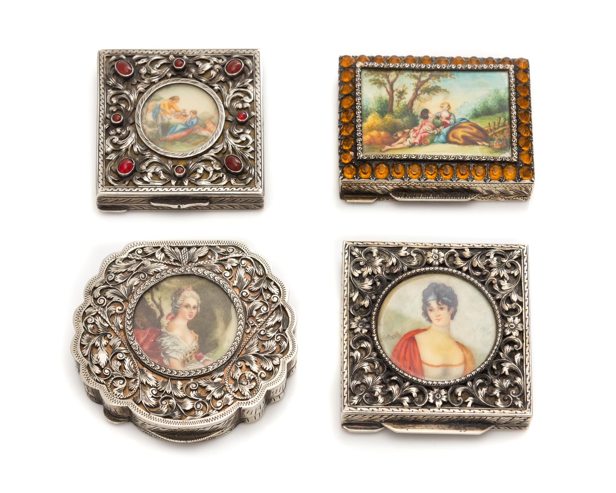 A Group of Four Continental Silver Compacts, Likely Austrian, Late 19th/Early 20th Century, each lid with an inset painted portrait or