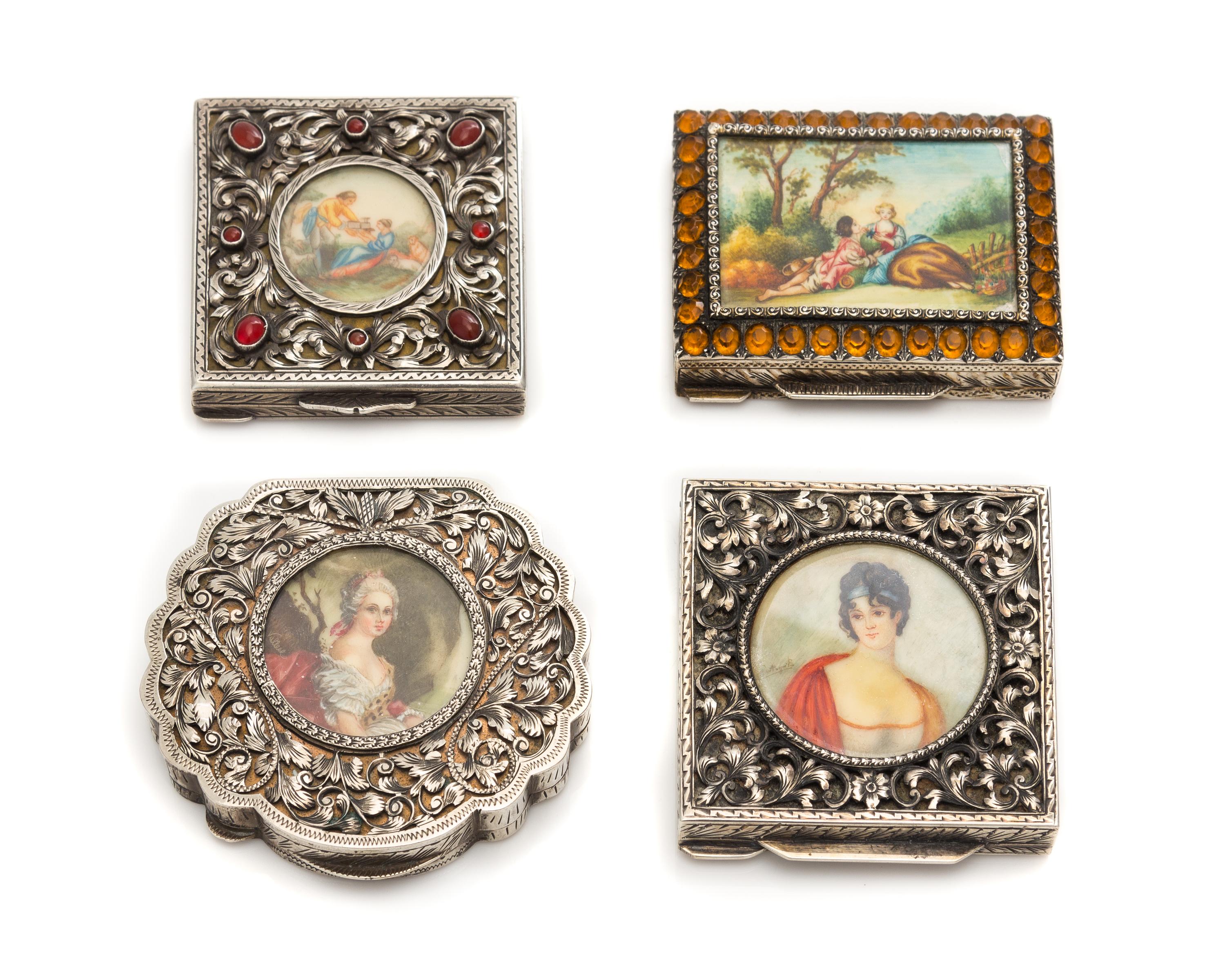 A Group of Four Continental Silver Compacts, Likely Austrian, Late 19th/Early 20th Century, each lid with an inset painted portrait or