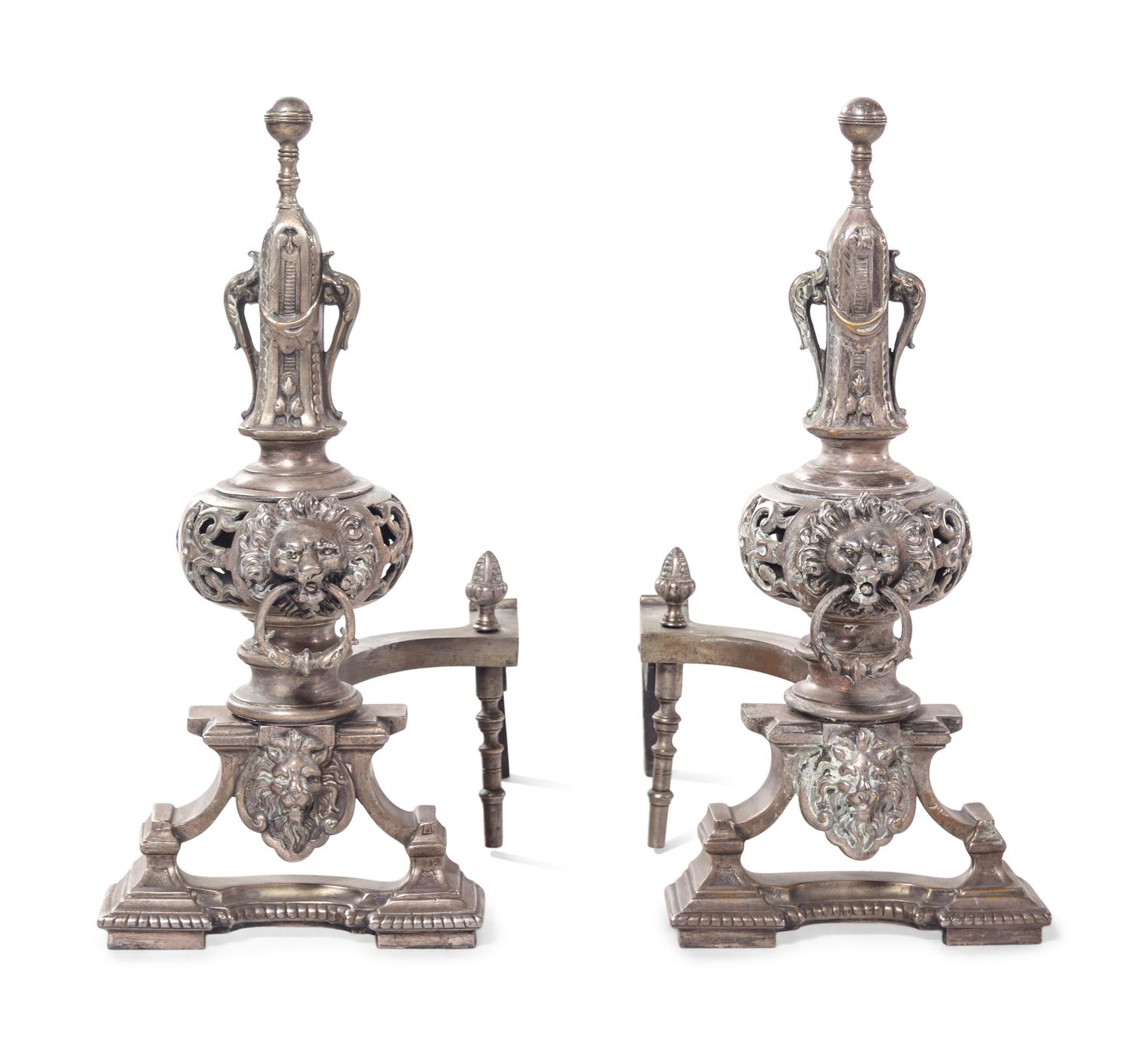A Pair of Neoclassical Silvered Brass Andirons