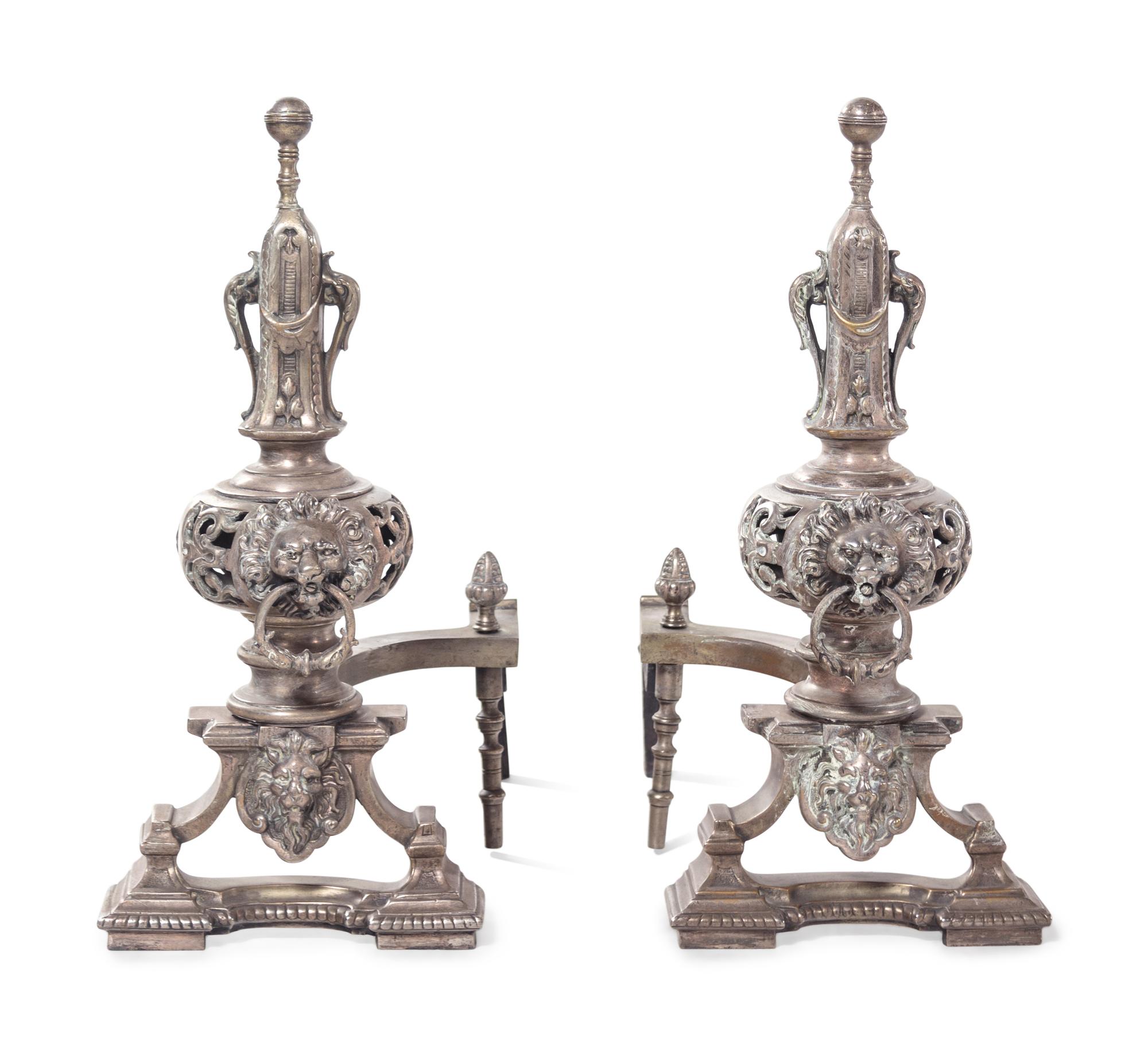 A Pair of Neoclassical Silvered Brass Andirons