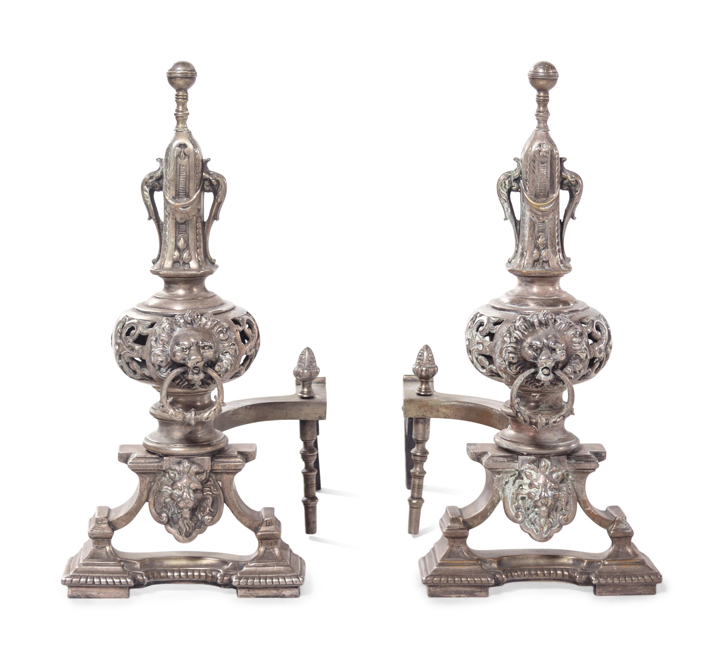 A Pair of Neoclassical Silvered Brass Andirons