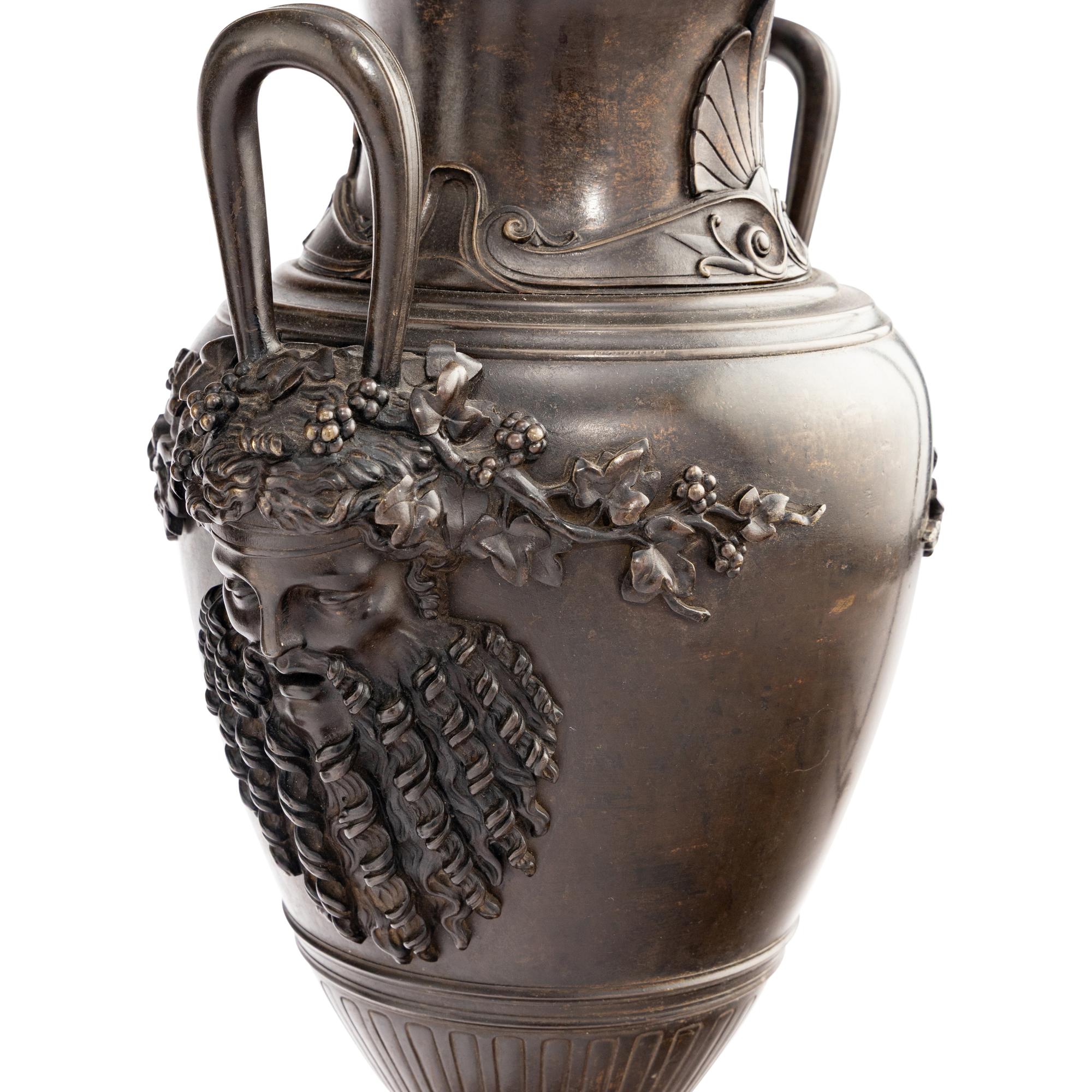 A Pair of Neoclassical Style Patinated Bronze and Rouge Griotte Marble Urns Mounted as Lamps