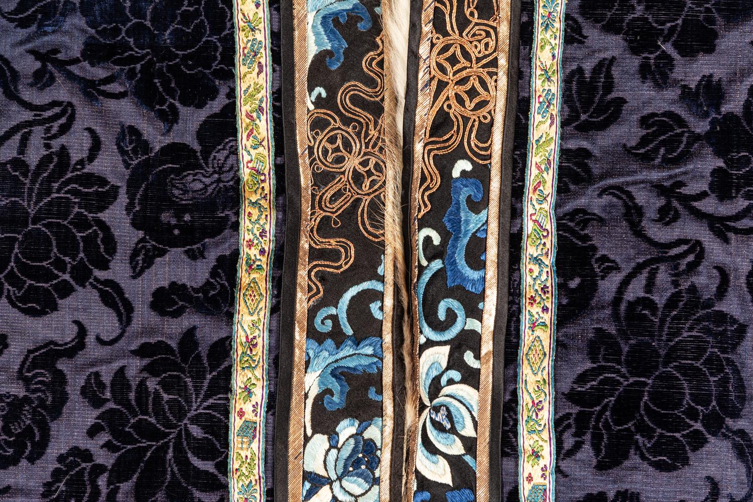A Navy Blue Ground Cut Velvet, Embroidered Silk and Fur-Lined Lady's Robe