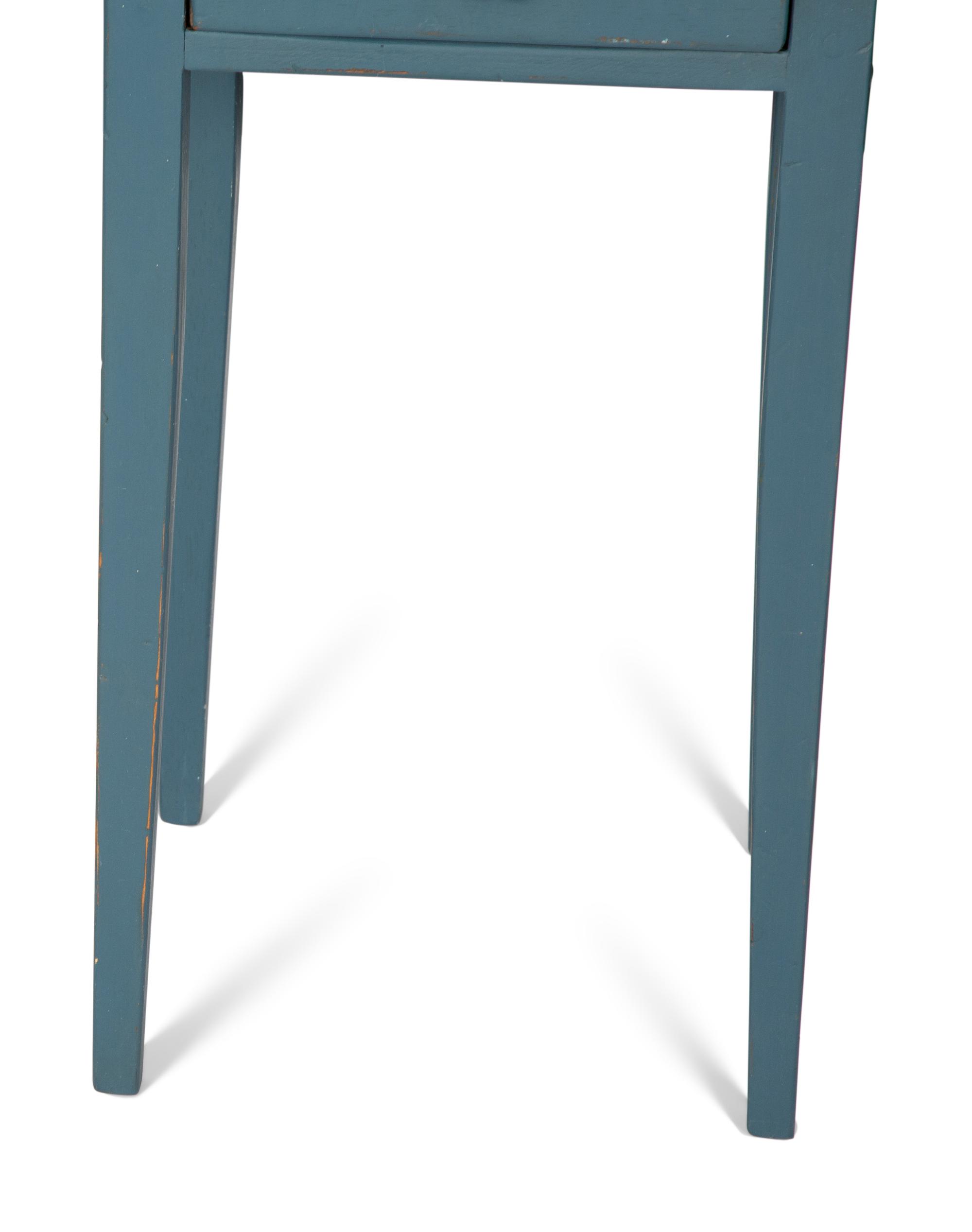 A Pair of Red-Painted Stools and a Blue Painted Side Table