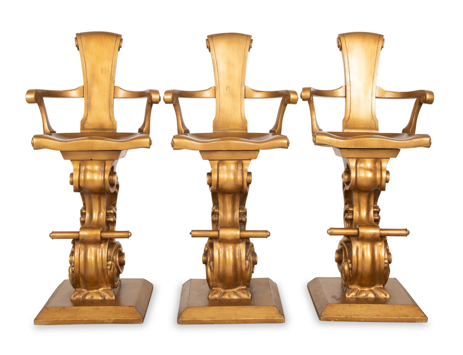 Three Carved Giltwood Rococo Style Bar Stools