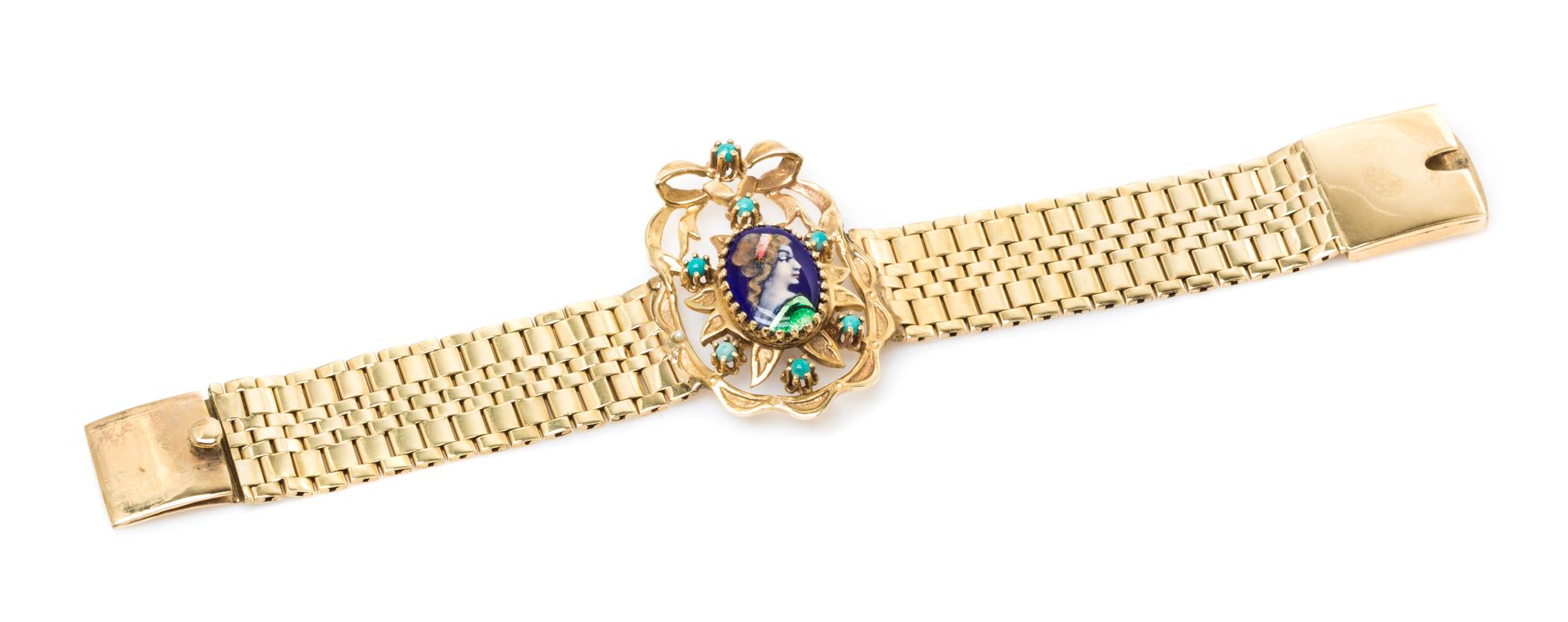 A 14 Karat Yellow Gold, Turquoise and Polychrome Enamel Limoges Bracelet, 22.90 dwts.