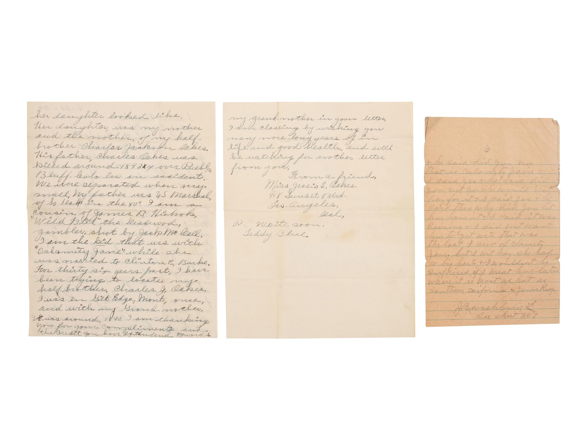 [WESTERN AMERICANA]. 2 letters describing Calamity Jane, incl. letter from her granddaughter.