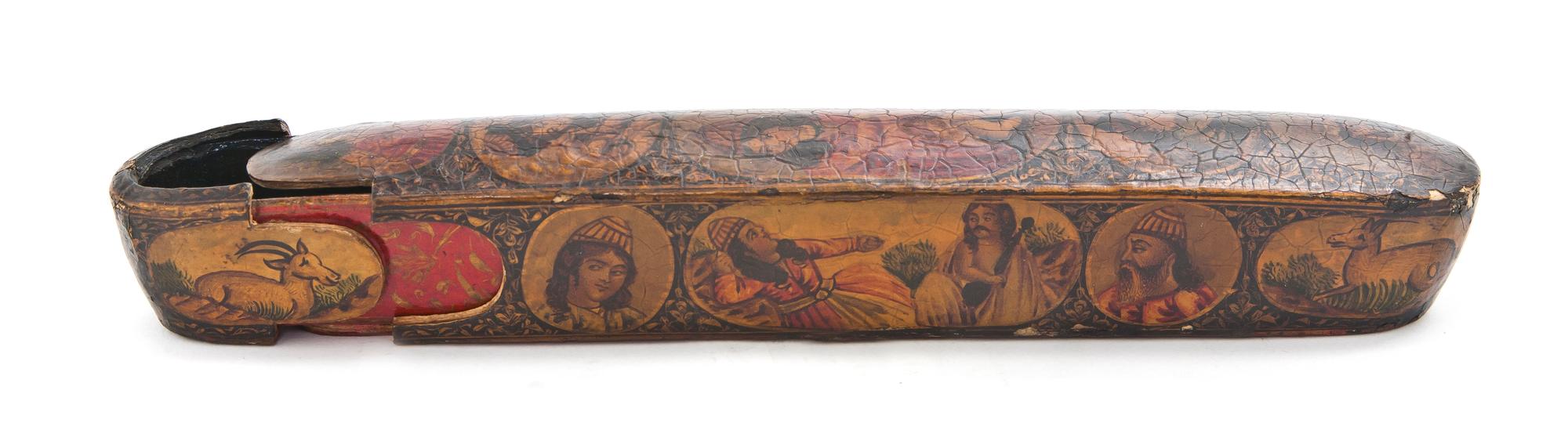 A Persian Lacquered Wood and Papier Mache Pen Box, Length 8 7/8 inches.