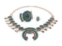 Silver, Turquoise, and Coral Petit Point Cluster Squash Blossom Necklace AND Cuff Bracelet , PLUS