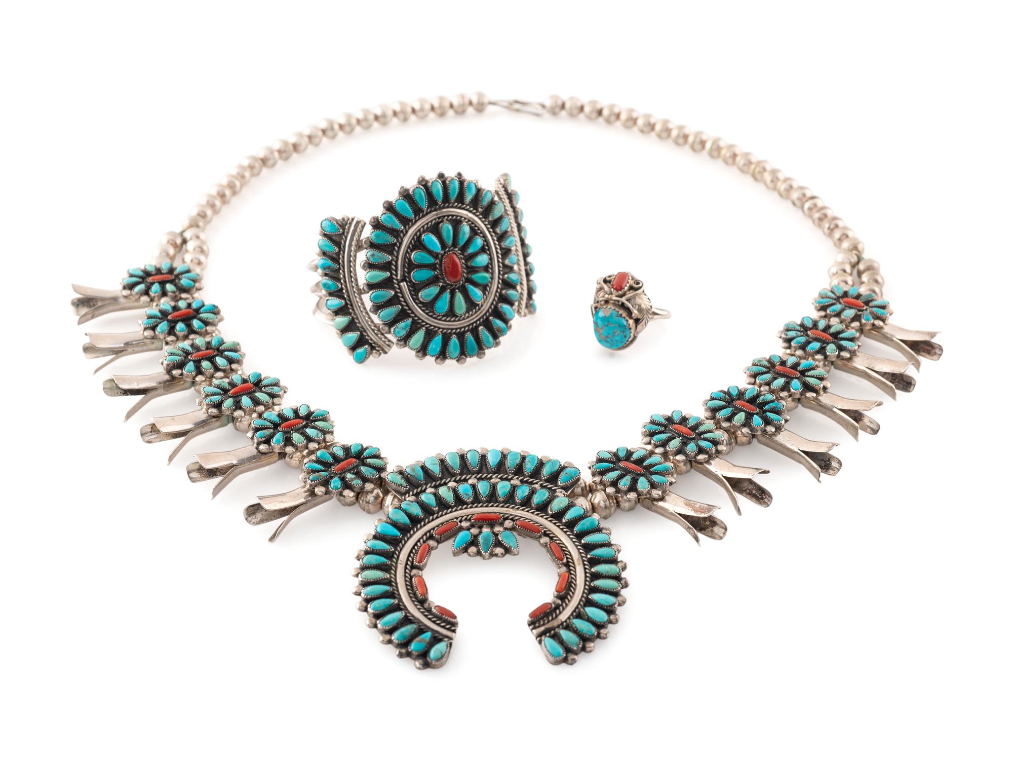 Silver, Turquoise, and Coral Petit Point Cluster Squash Blossom Necklace AND Cuff Bracelet , PLUS