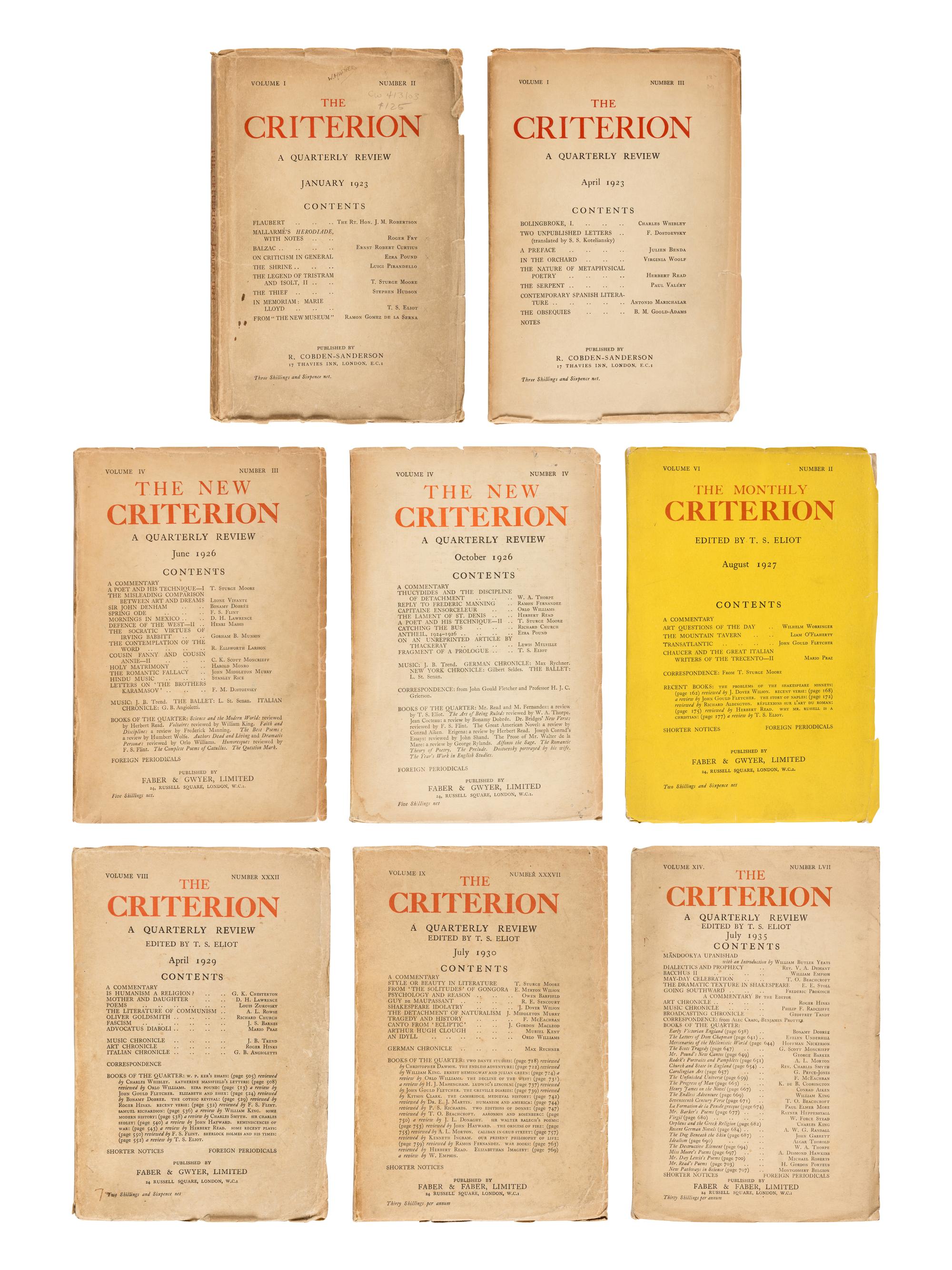ELIOT, T.S., editor. The Criterion . London: R. Cobden Sanderson, Faber & Gwyer et al. October 1922-January 1939.