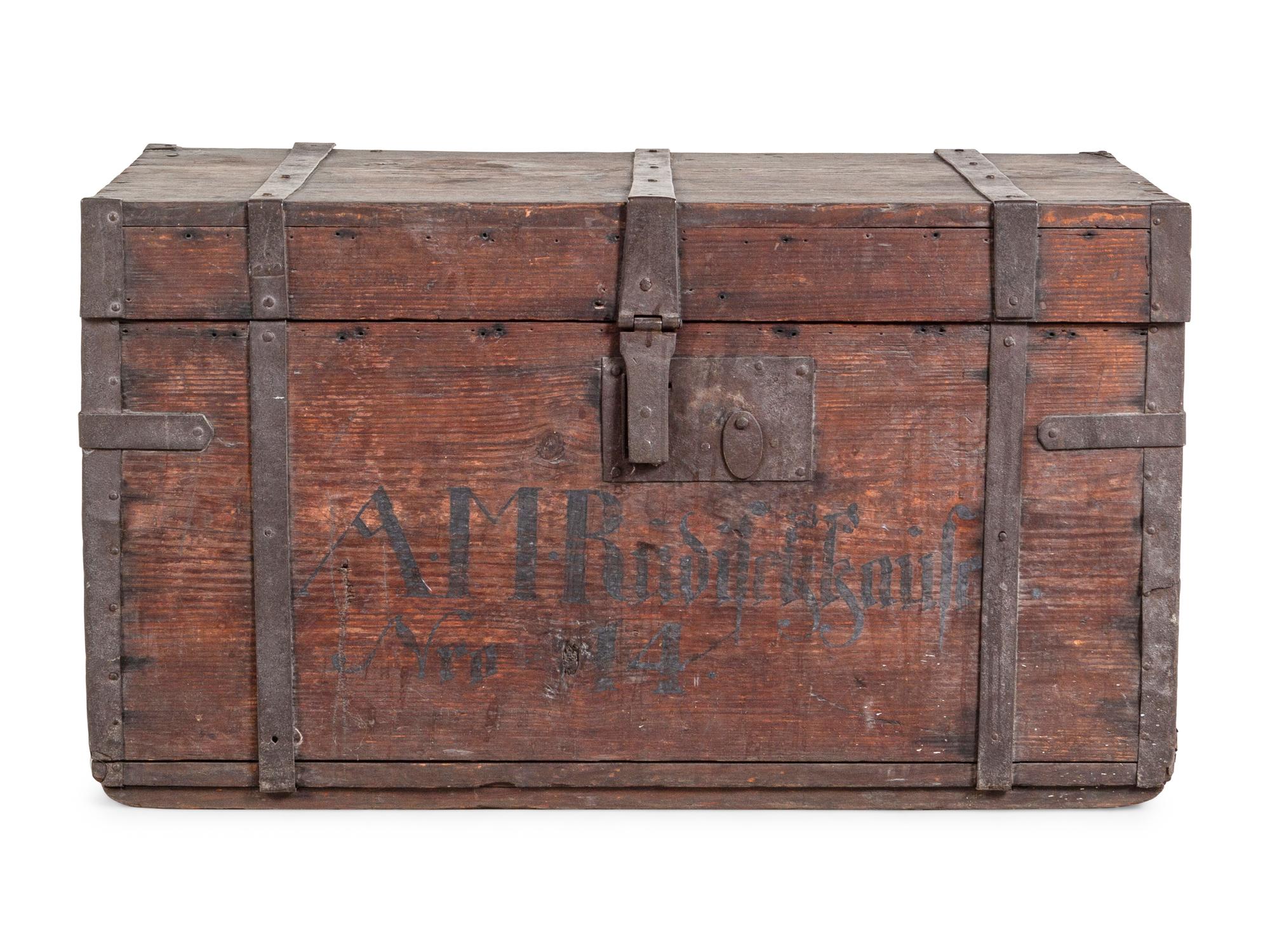 An Iron Mounted and Painted Pine Storage Chest