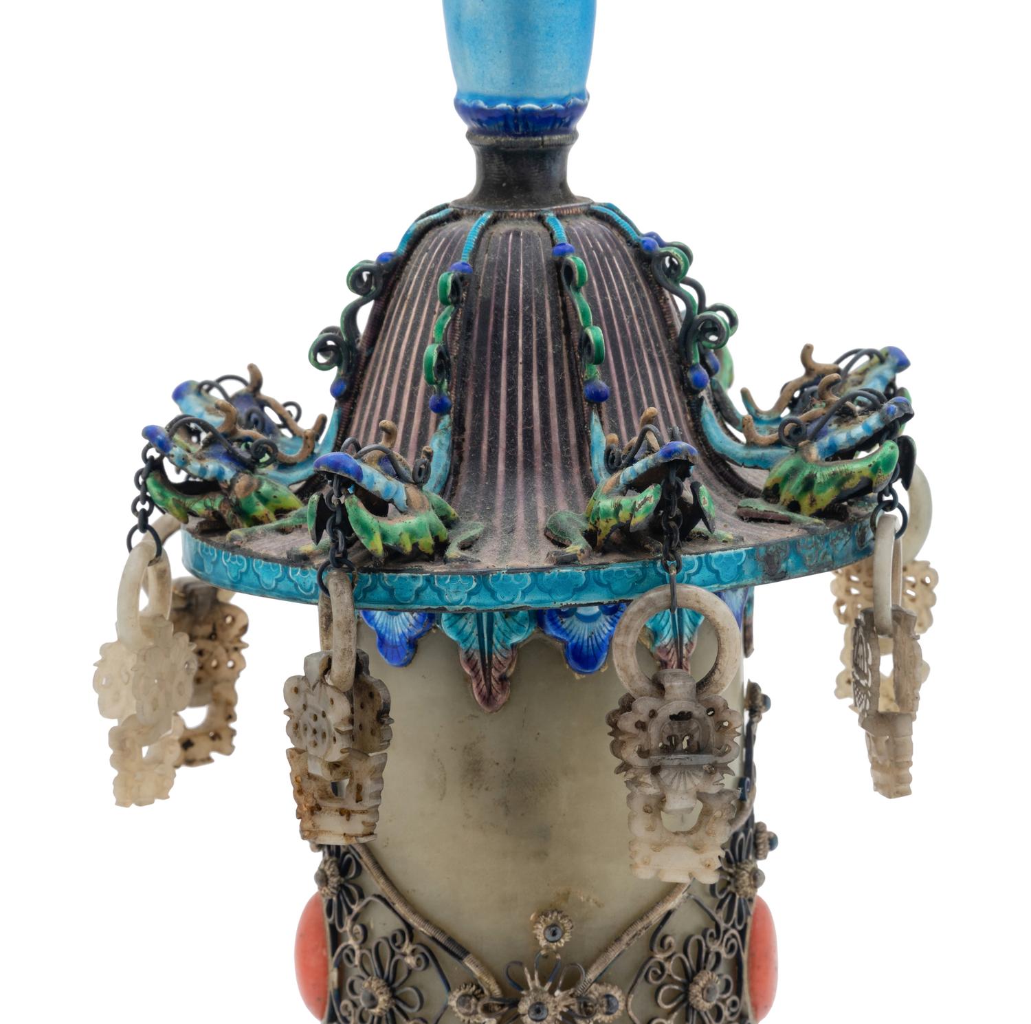 A Chinese Jade Inset Enamel on Silver Incense Burner
