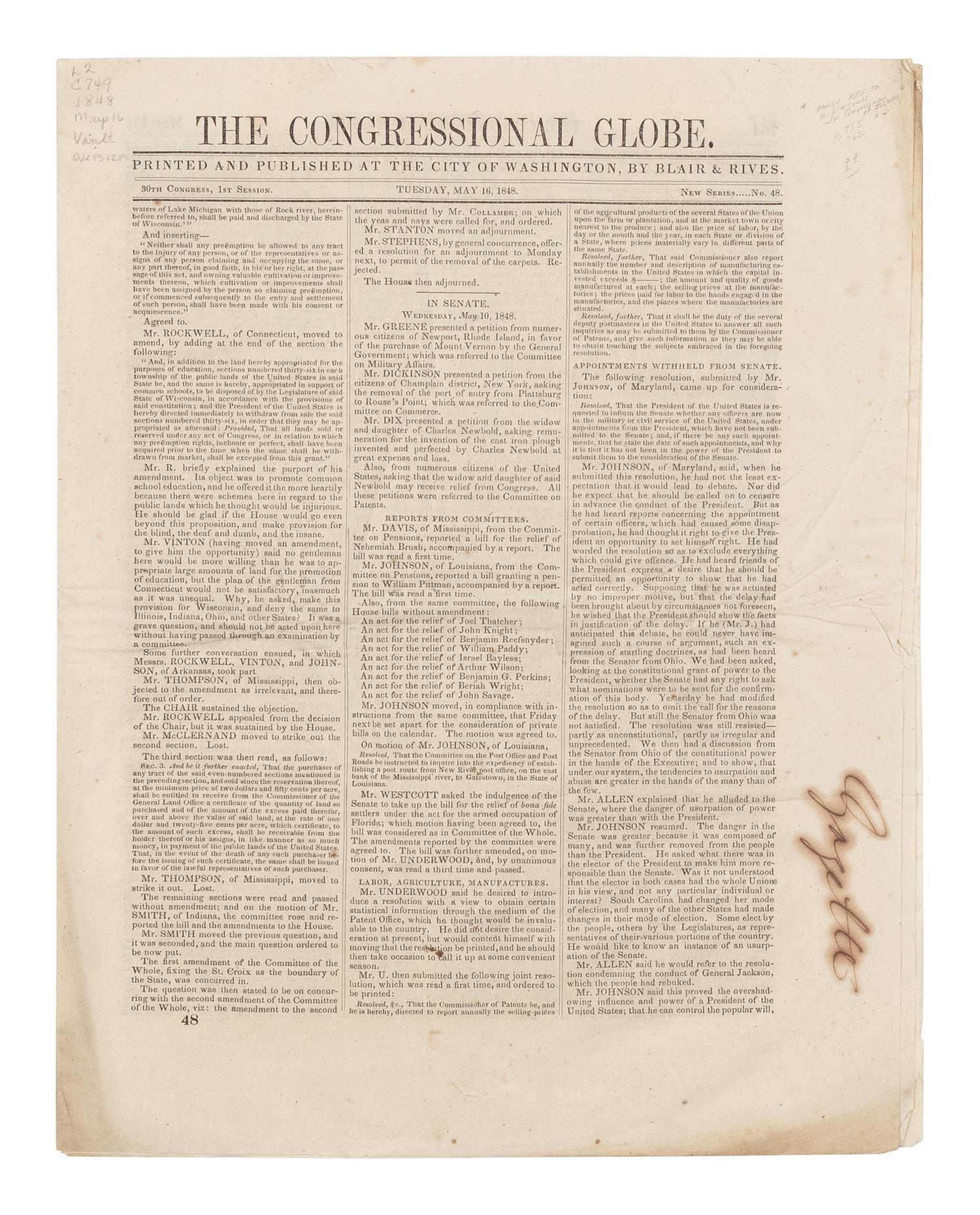 [LINCOLN, Abraham (1809-1865)]. The Congressional Globe . 30th Congress, 1st Session. New Series No. 48. Washington, D.C.: Blair & Rives, 16 May 1848.