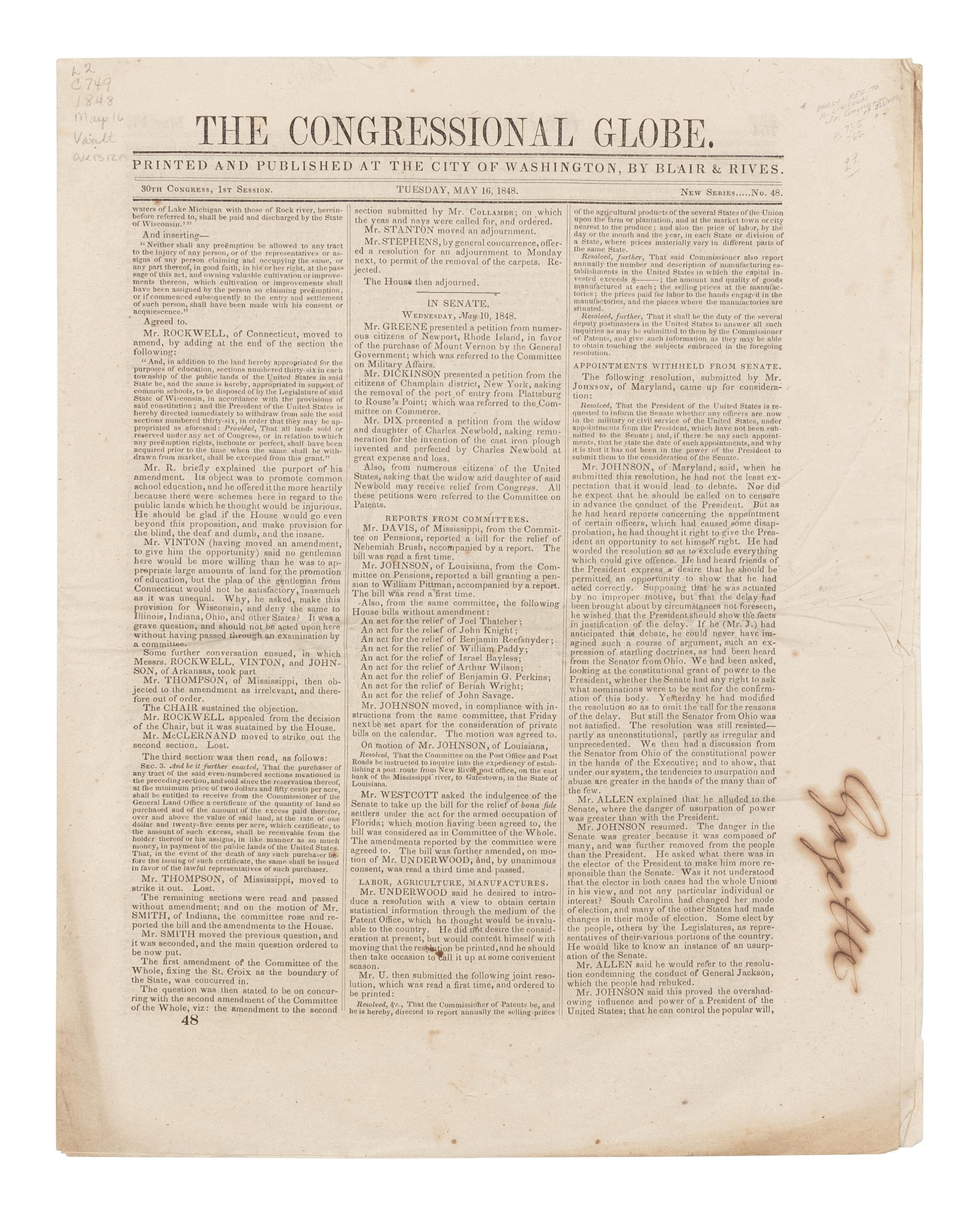 [LINCOLN, Abraham (1809-1865)]. The Congressional Globe . 30th Congress, 1st Session. New Series No. 48. Washington, D.C.: Blair & Rives, 16 May 1848.