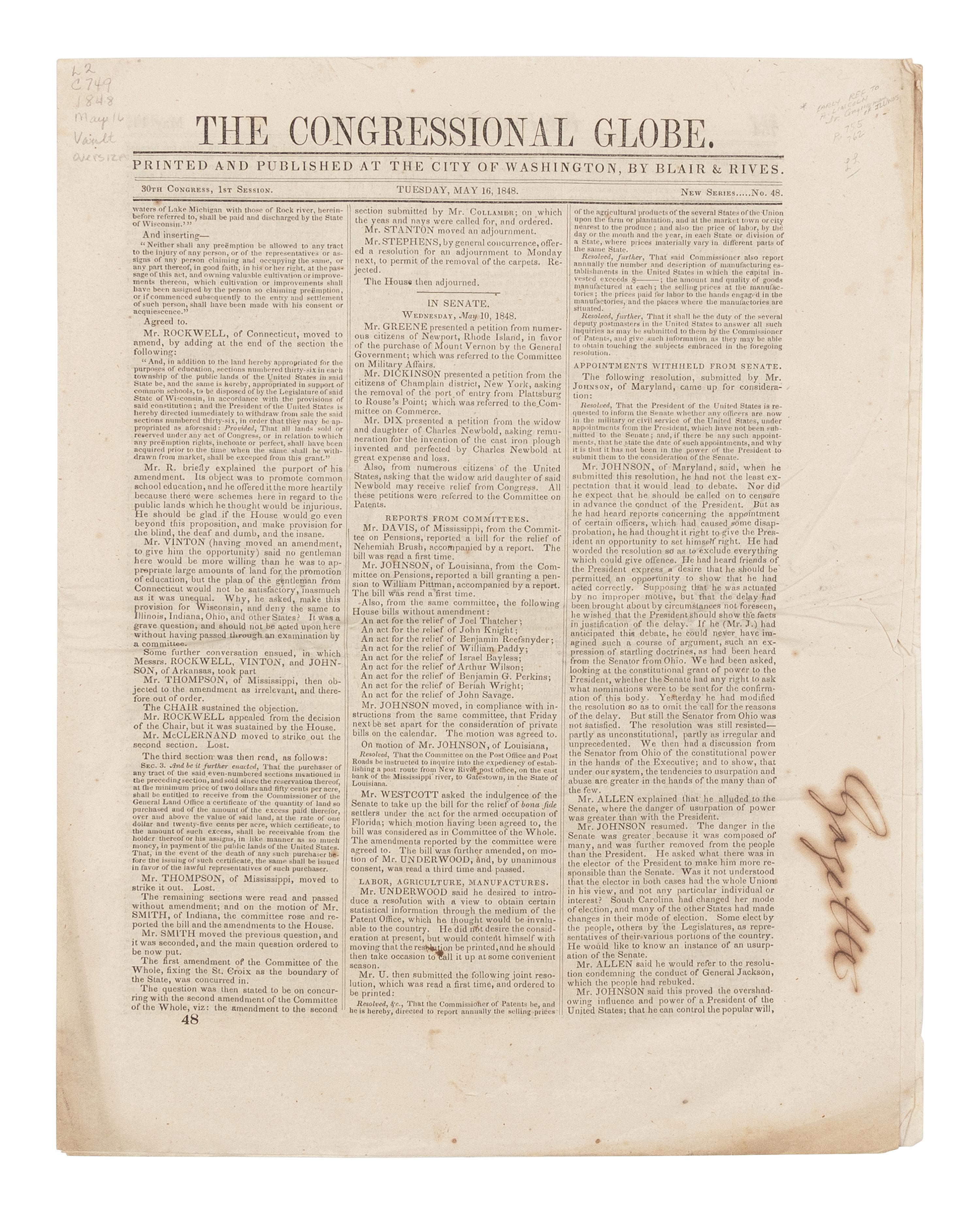 [LINCOLN, Abraham (1809-1865)]. The Congressional Globe . 30th Congress, 1st Session. New Series No. 48. Washington, D.C.: Blair & Rives, 16 May 1848.
