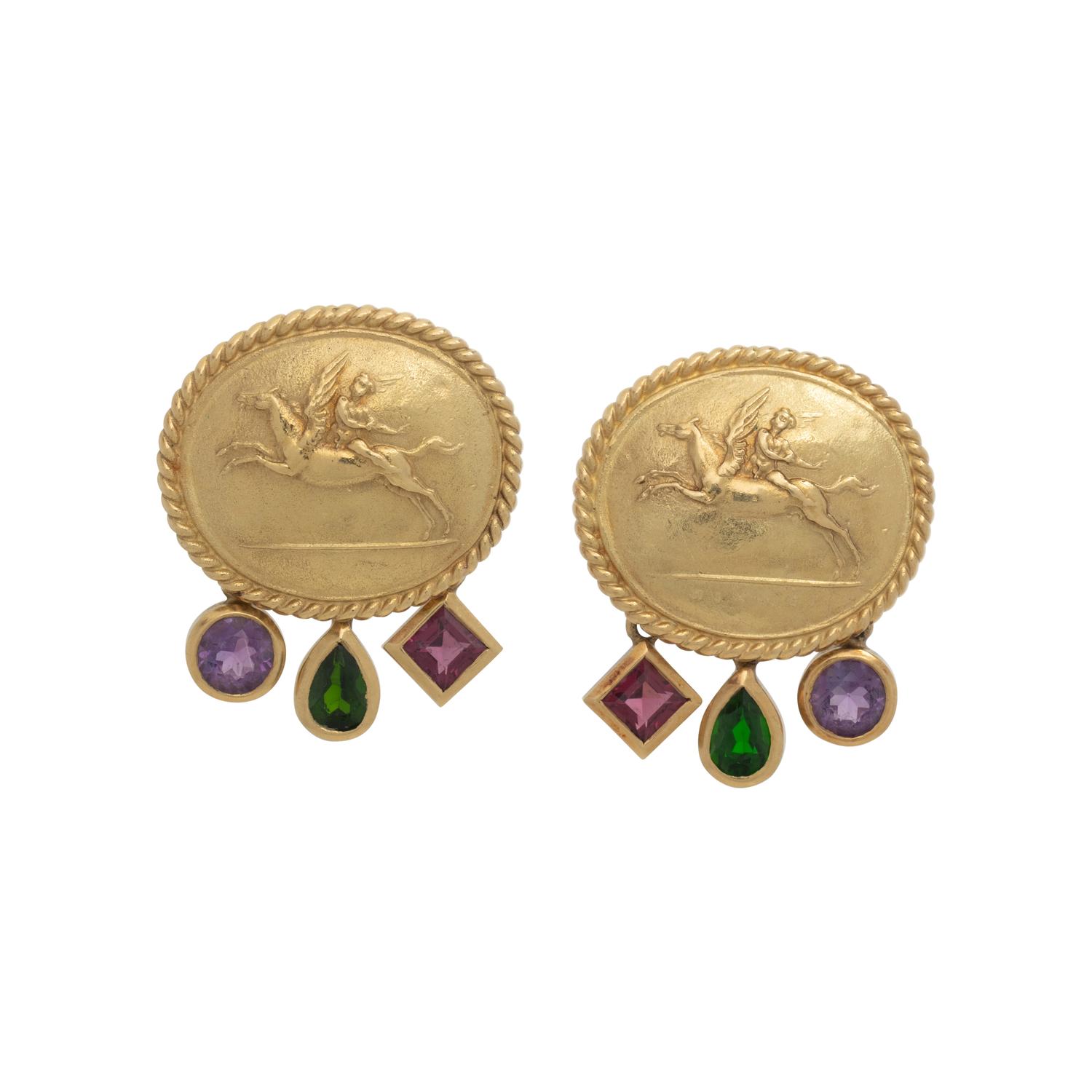SEIDENGANG, YELLOW GOLD AND MULTIGEM CLIP EARRINGS