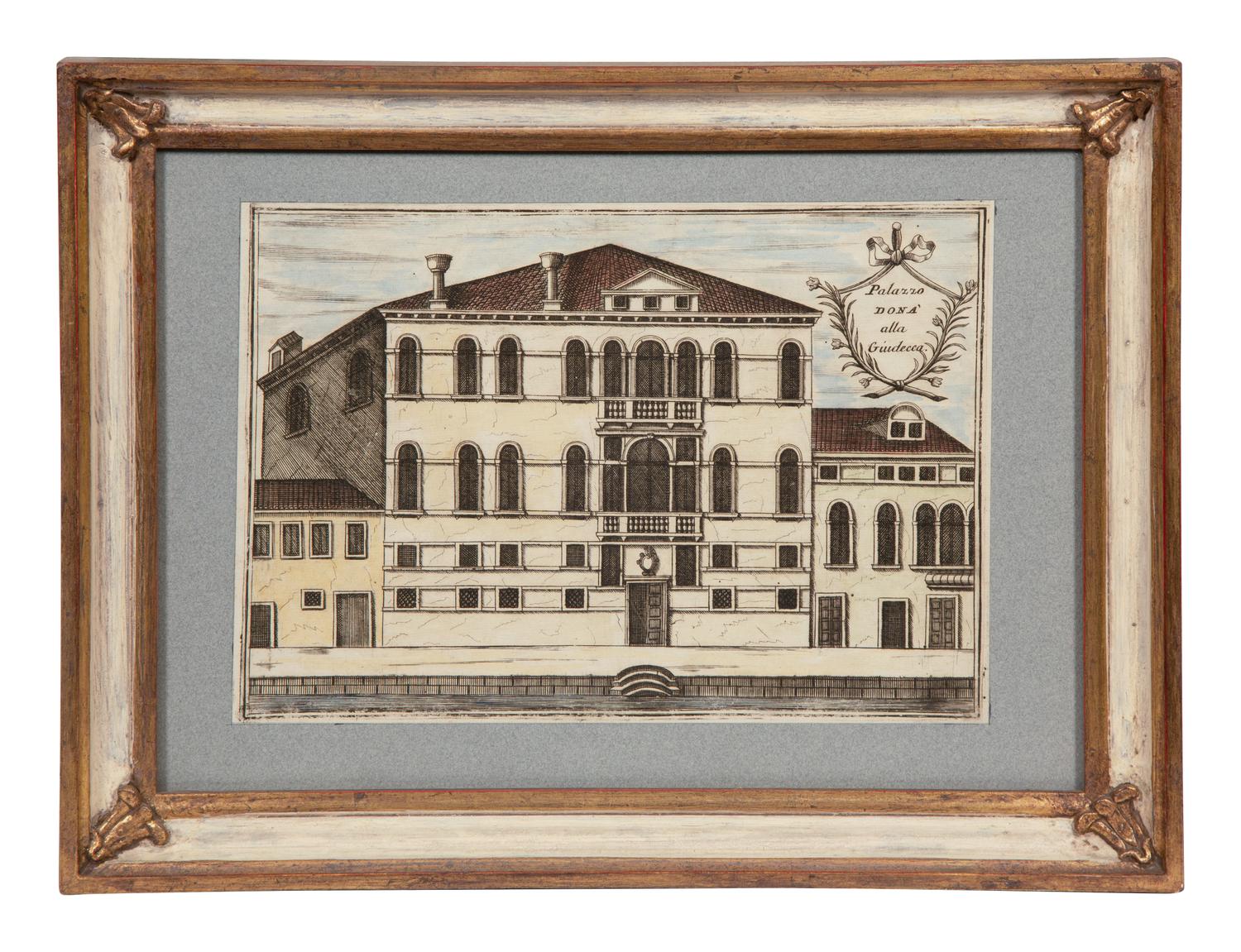 A Set of Nine Italian Hand-Colored Engravings Depicting Venetian Palaces