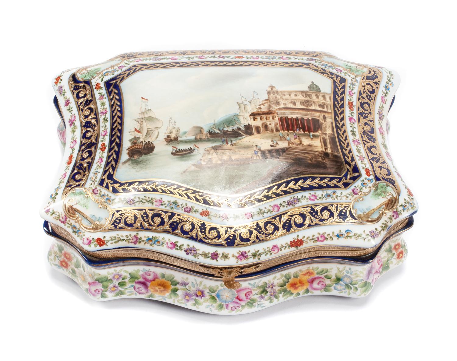 A Sevres Style Porcelain Table Casket Width 12 inches.