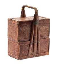 A Japanese Metal Mounted Two-Tier Basket with Handle Height 17 inches. — 20TH CENTURY