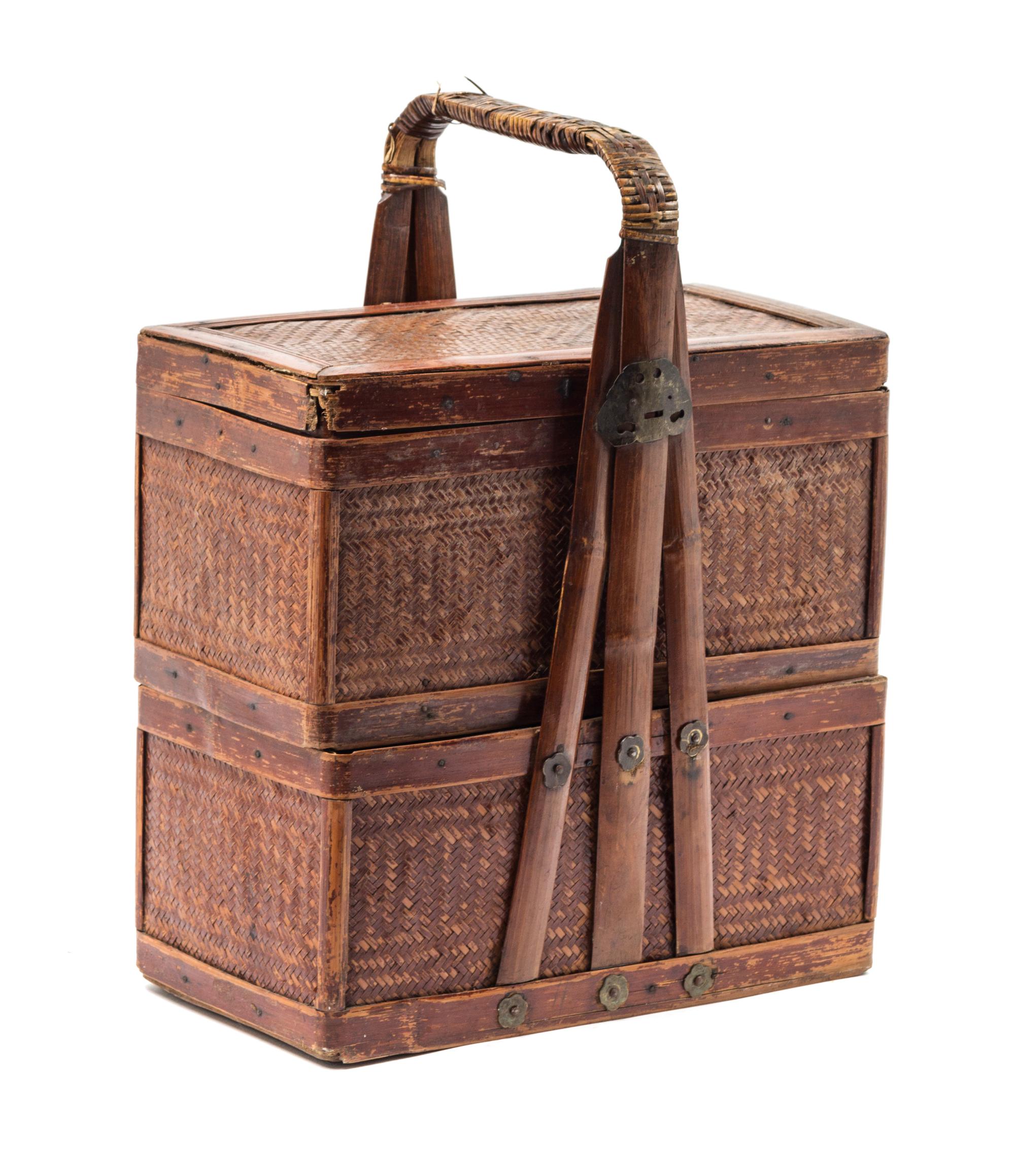 A Japanese Metal Mounted Two-Tier Basket with Handle Height 17 inches. — 20TH CENTURY