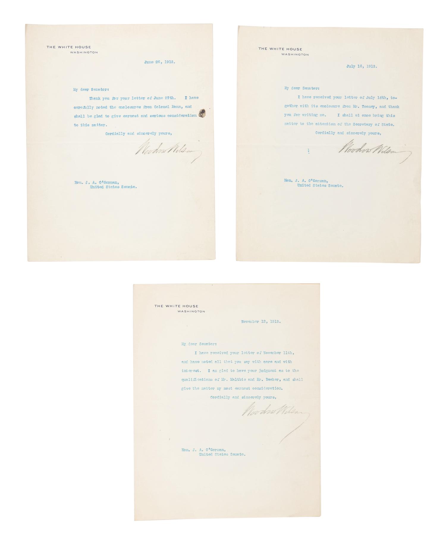 WILSON, Woodrow (1856-1924). Two autograph letters signed, as President, to Senator James A. O'Gorman, 20 April and 5 May 1913, regarding the appointment of the Collector of the Port of New York, comprising: