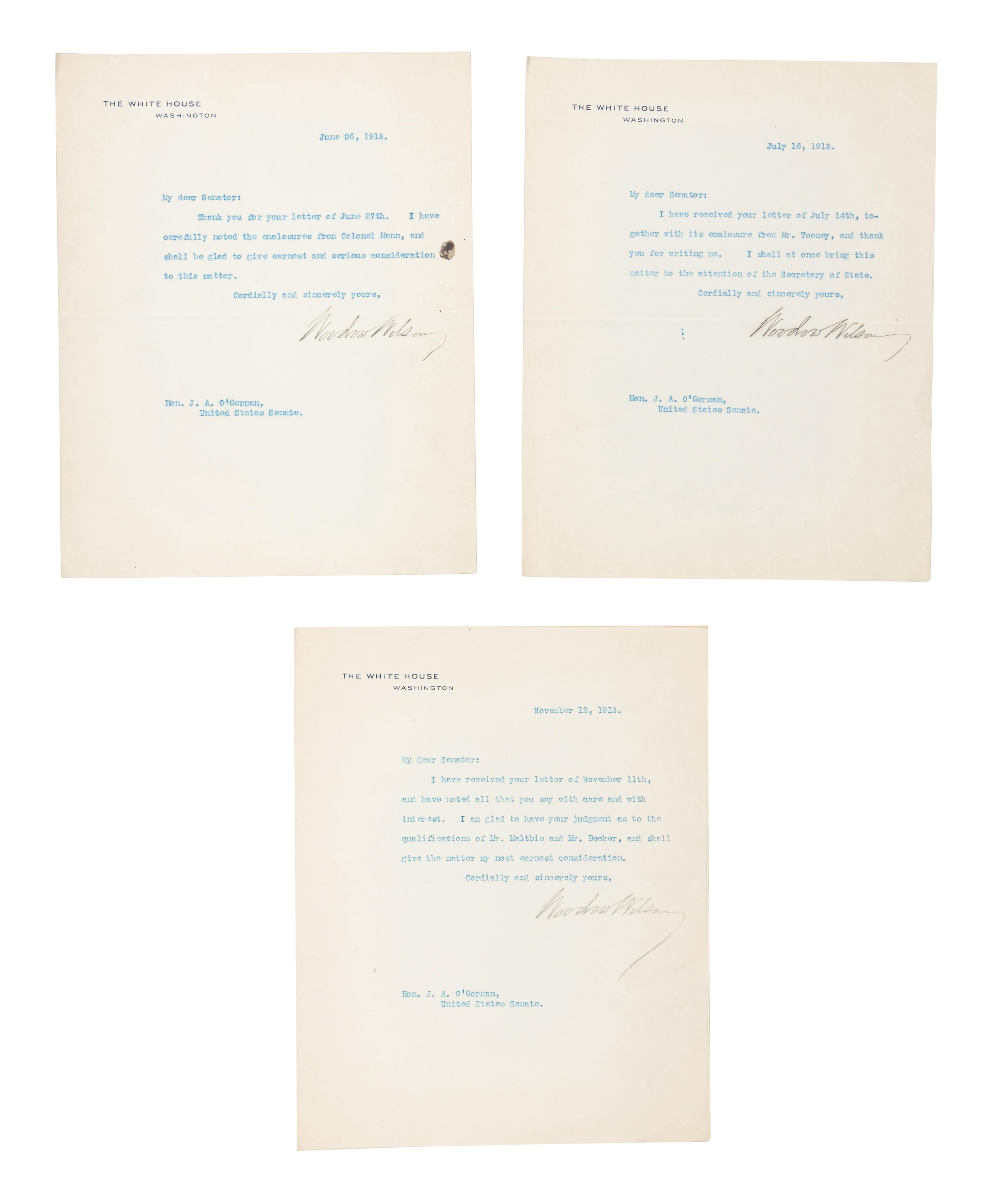 WILSON, Woodrow (1856-1924). Two autograph letters signed, as President, to Senator James A. O'Gorman, 20 April and 5 May 1913, regarding the appointment of the Collector of the Port of New York, comprising: