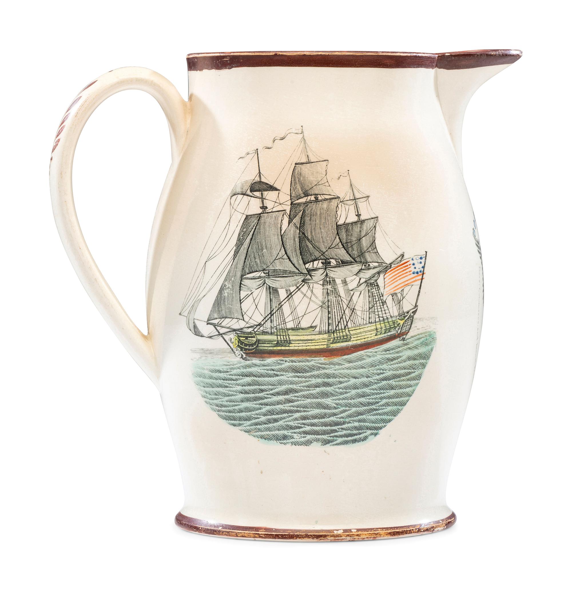 A Liverpool Transfer-Printed Creamware 'Memory of George Washington and the Proscribed Patriots of America' Pitcher with Polychrome Embellishment