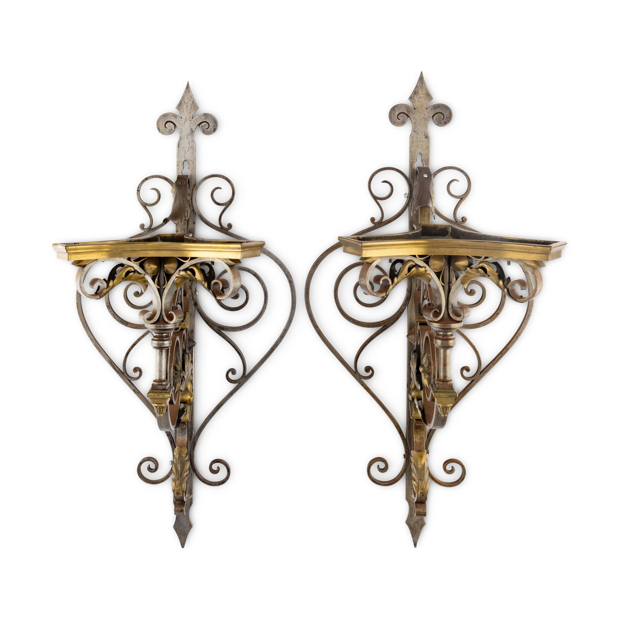 A Pair of Brass and Steel Wall Brackets