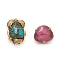 TWO YELLOW GOLD RINGS WITH PINK TOURMALINE AND TURQUOISE