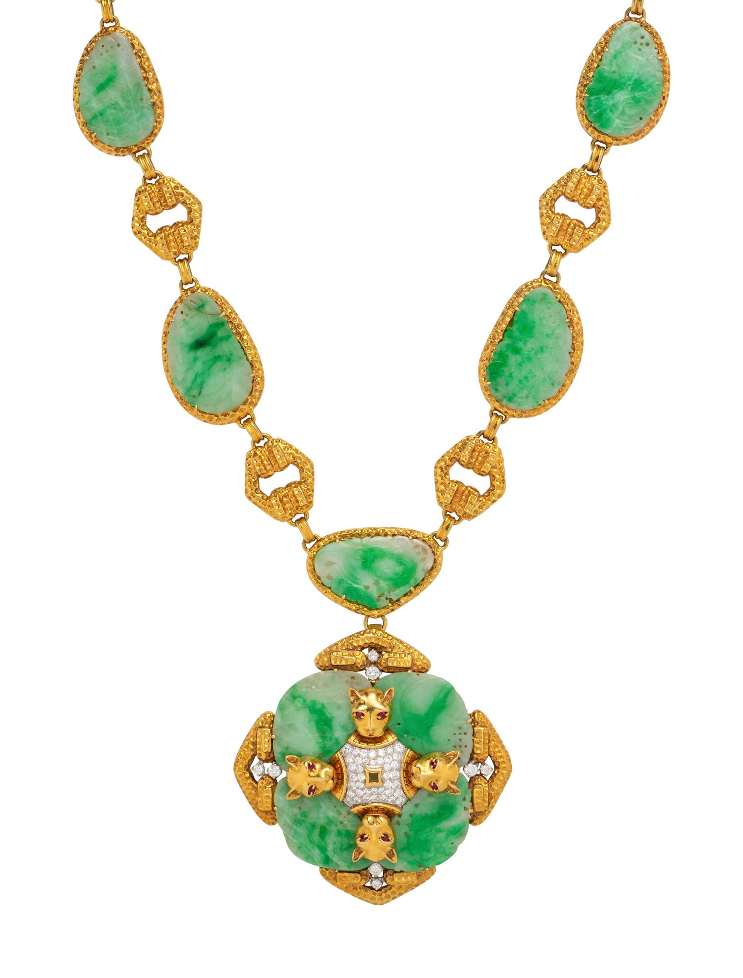 TRIO, CONVERTIBLE YELLOW GOLD, JADE AND DIAMOND PENDANT/BROOCH NECKLACE