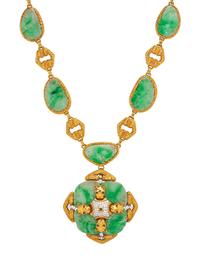 TRIO, CONVERTIBLE YELLOW GOLD, JADE AND DIAMOND PENDANT/BROOCH NECKLACE