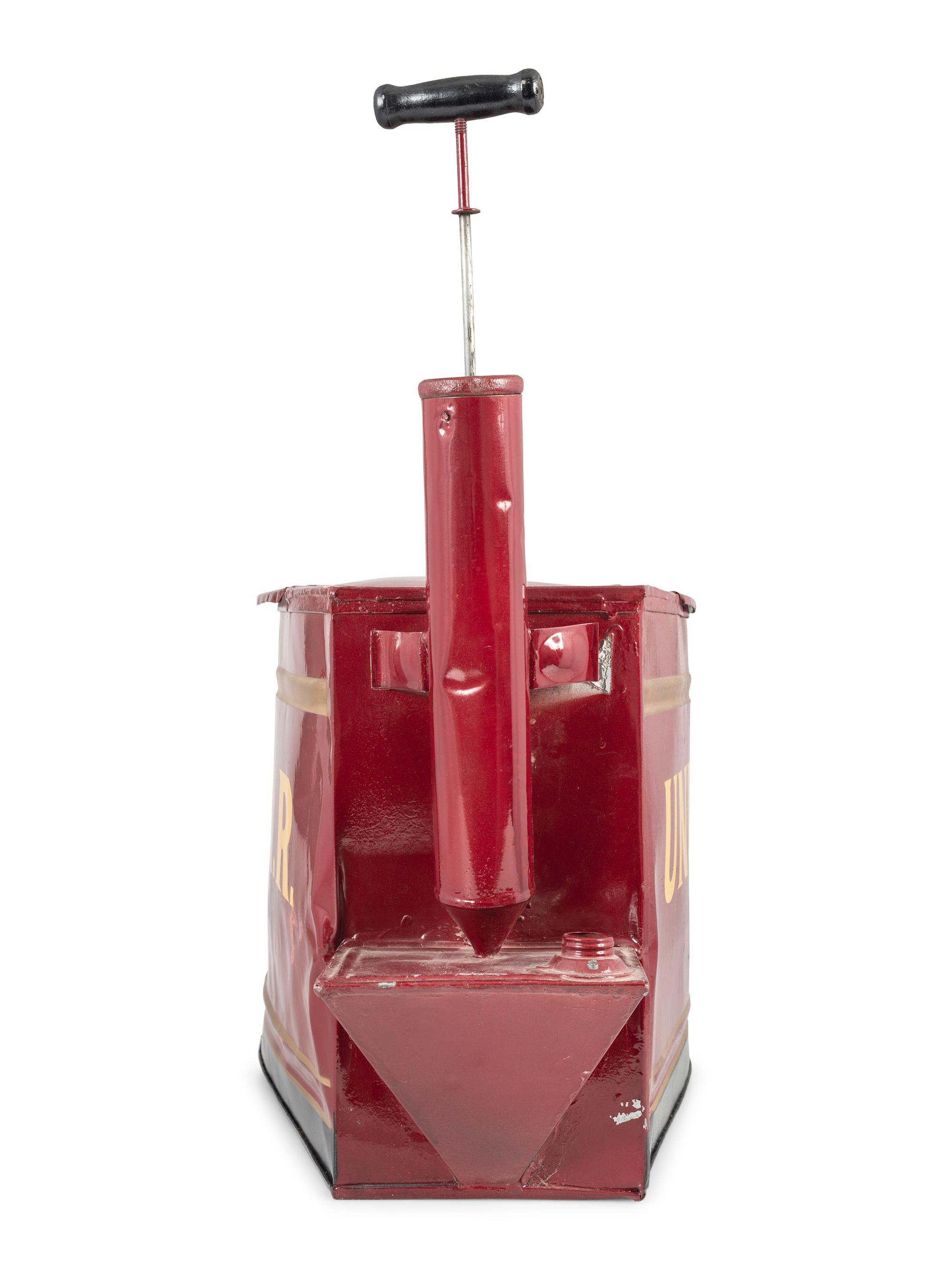 A Painted Tin Pump Operated Vessel