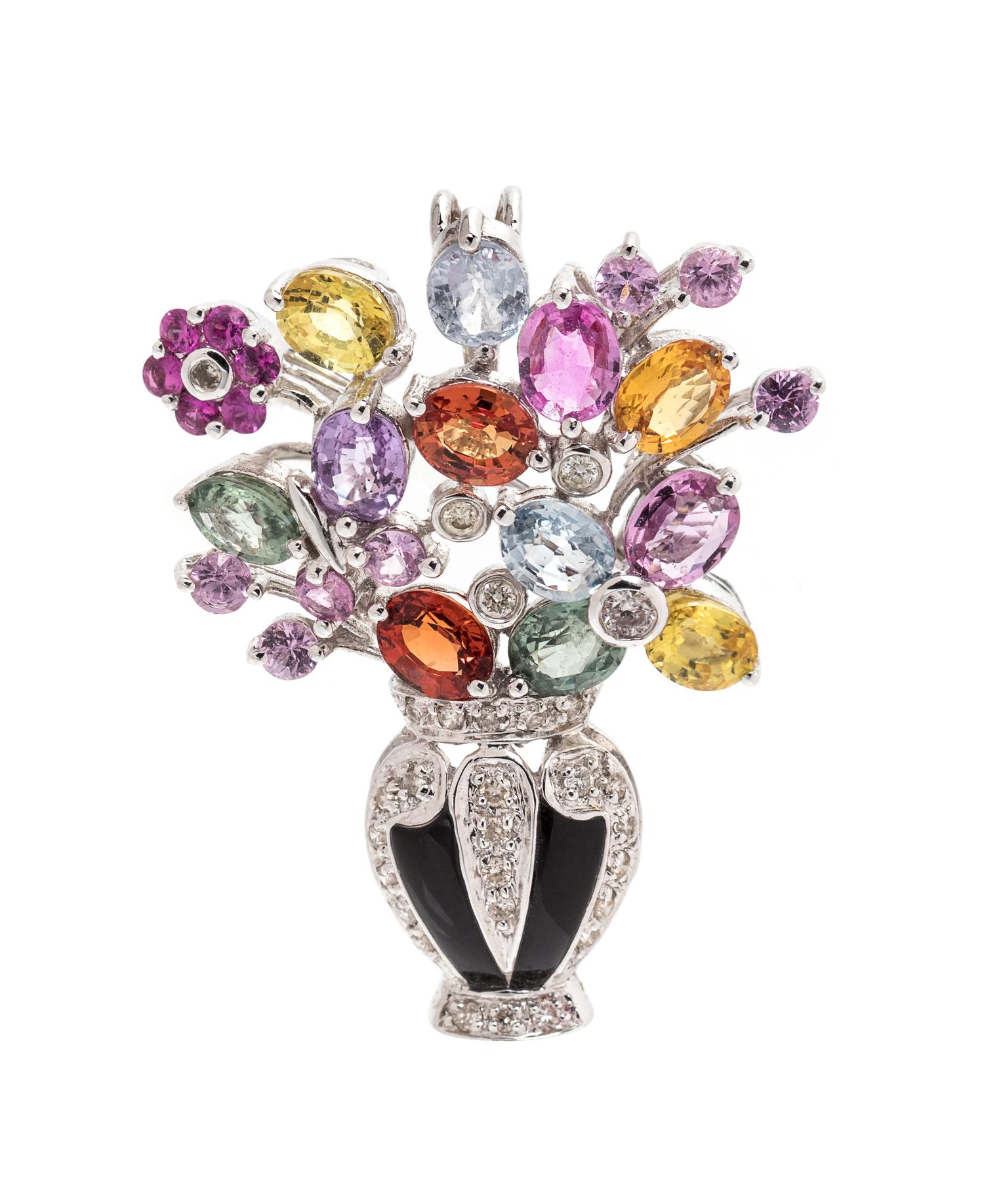 An 18 Karat White Gold, Multicolor Sapphire, Diamond and Onyx Giardinetti Pendant/Brooch,
