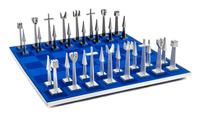 A Modernist Aluminum Chess Set, Austin Cox Board 19 x 19 1/8 inches. — AUSTIN ENTERPRISES, 1962