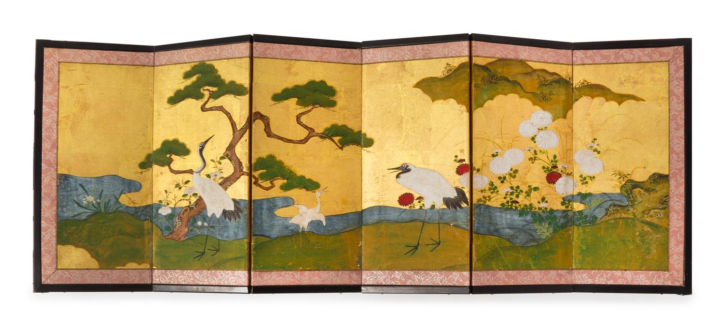A Small Japanese Six-Panel Screen Height 15 x width 38 x depth 2 3/4 inches. — 18TH CENTURY, KANO SCHOOL