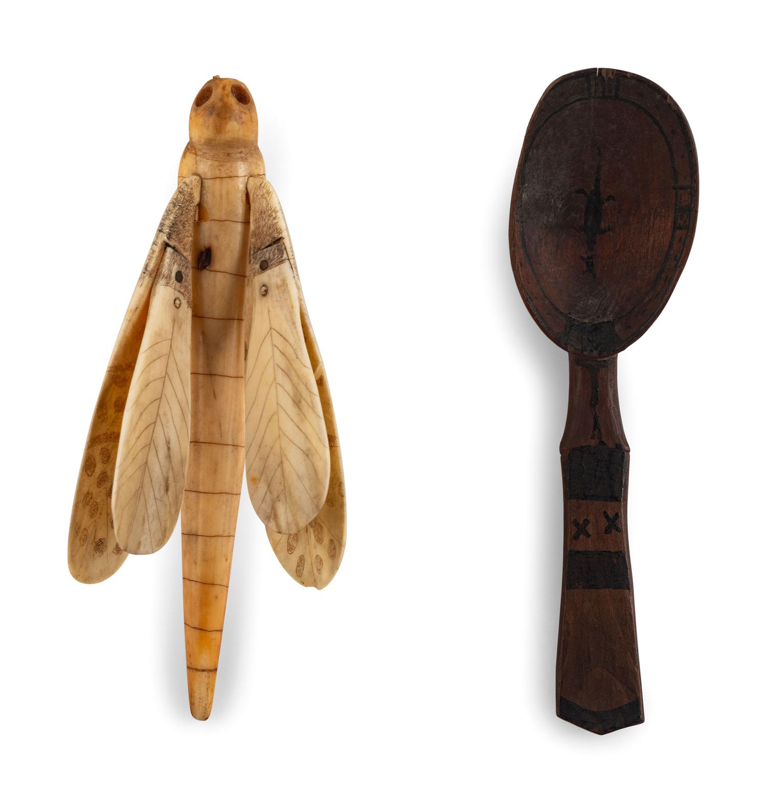 Yup'ik Painted Wood Spoon and Walrus Ivory Dragonfly
