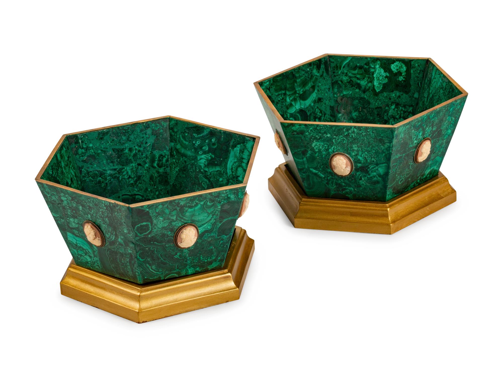 A Pair of Malachite and Giltwood Hexagonal Jardinières