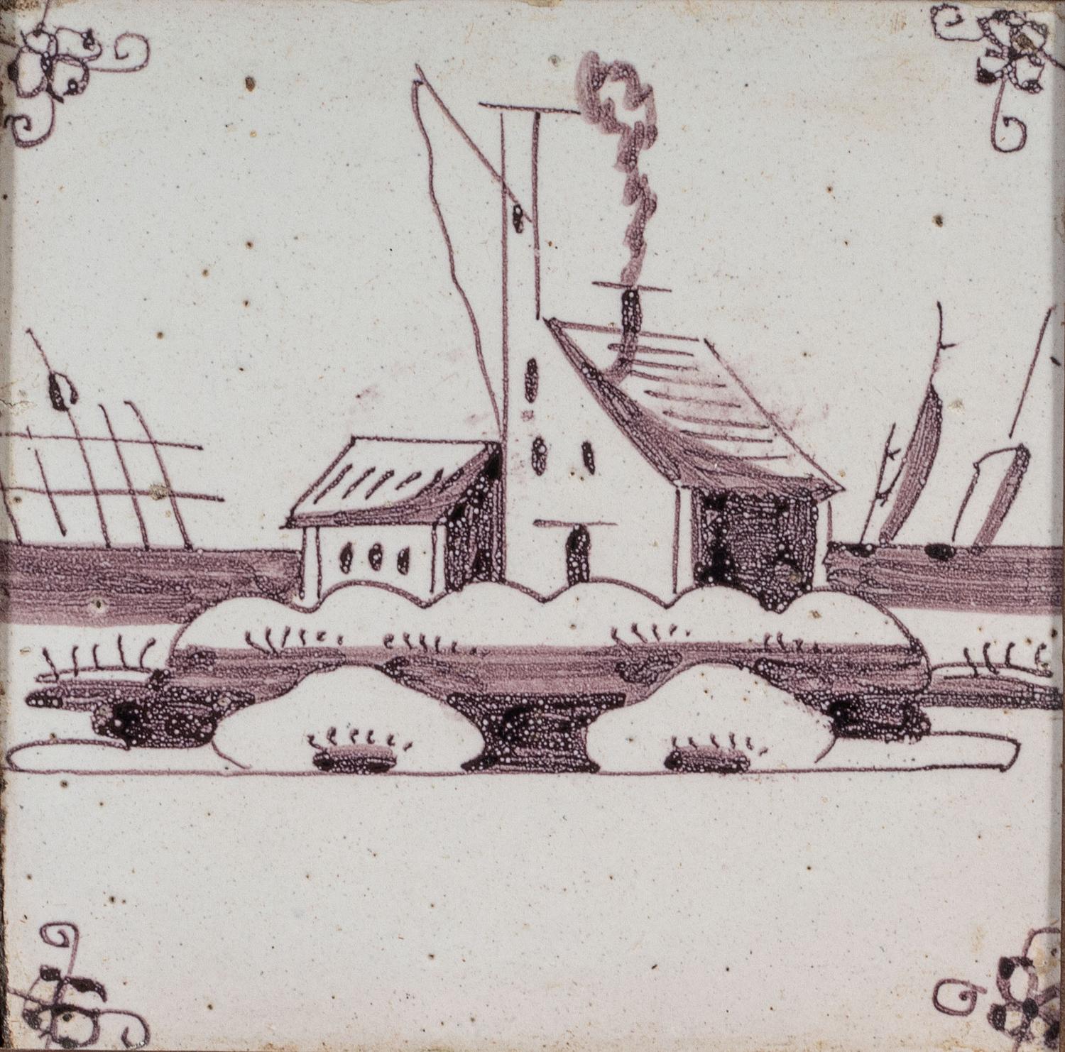 A Set of Five Framed Puce Delft Tiles