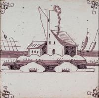 A Set of Five Framed Puce Delft Tiles