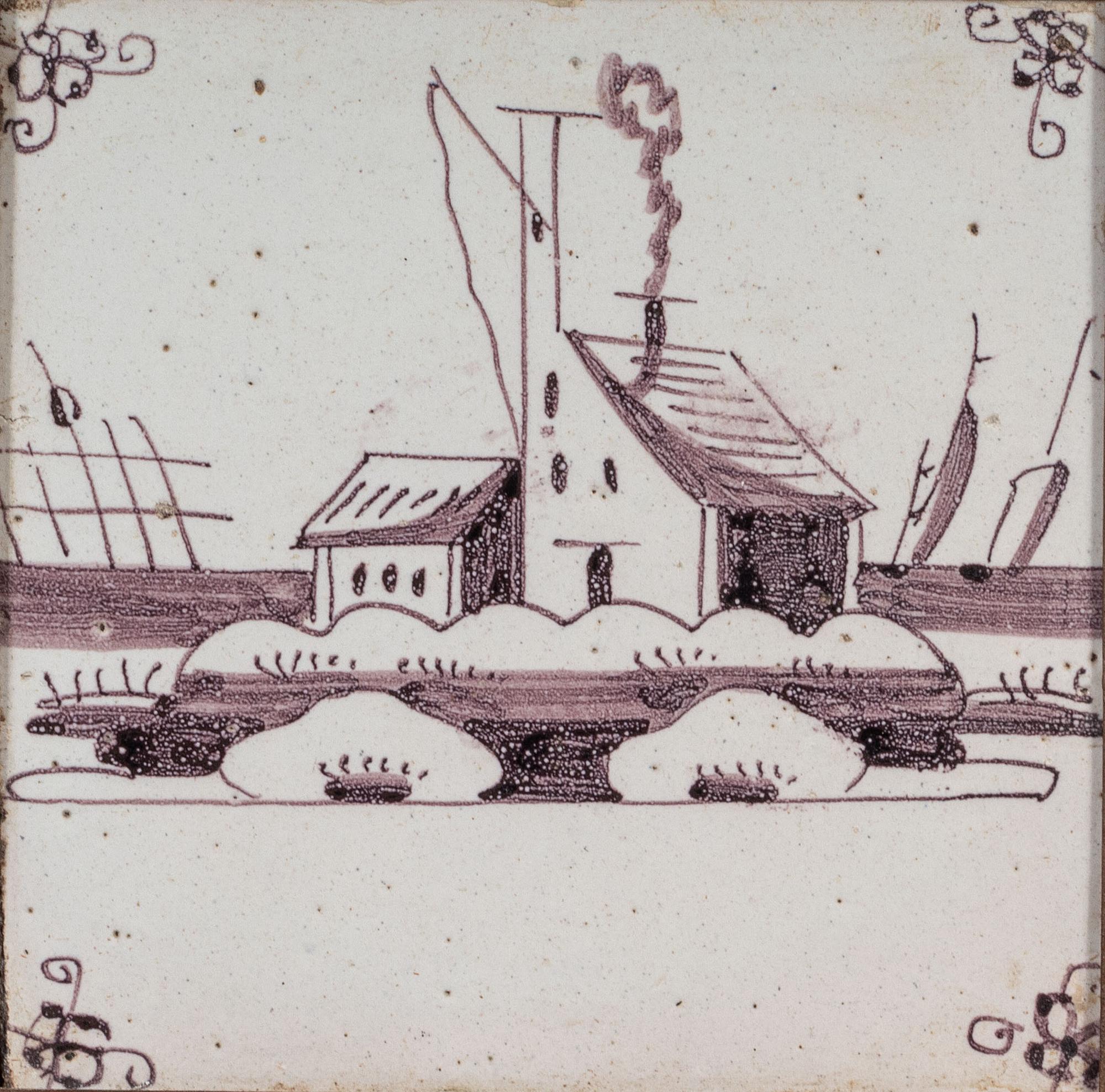 A Set of Five Framed Puce Delft Tiles