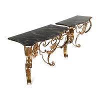 A Pair of Gilt Iron and Faux Marble-Top Console Tables