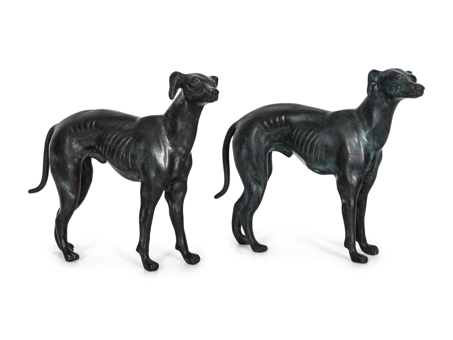 A Pair of Cast Bronze Greyhound Sculptures