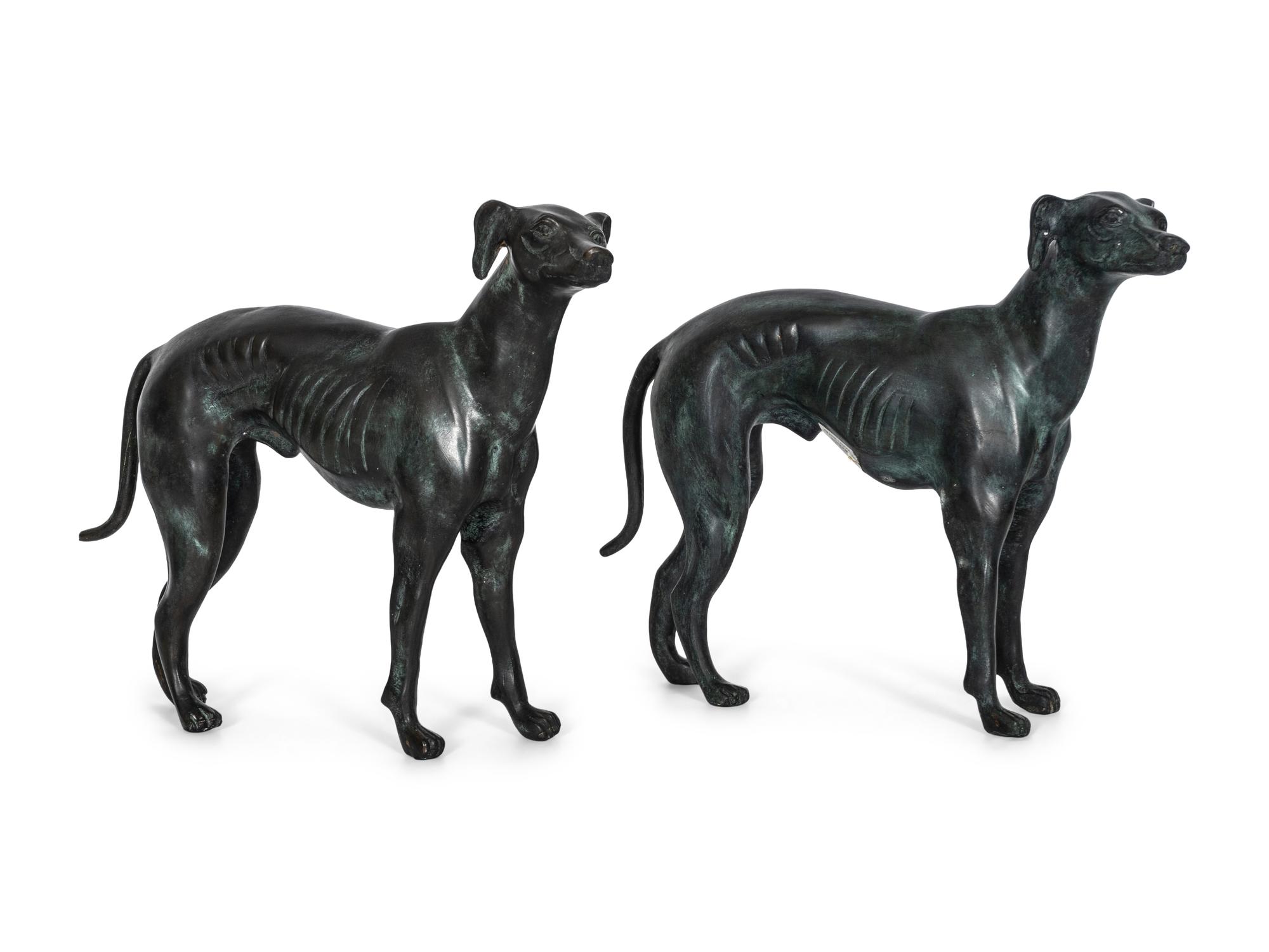 A Pair of Cast Bronze Greyhound Sculptures