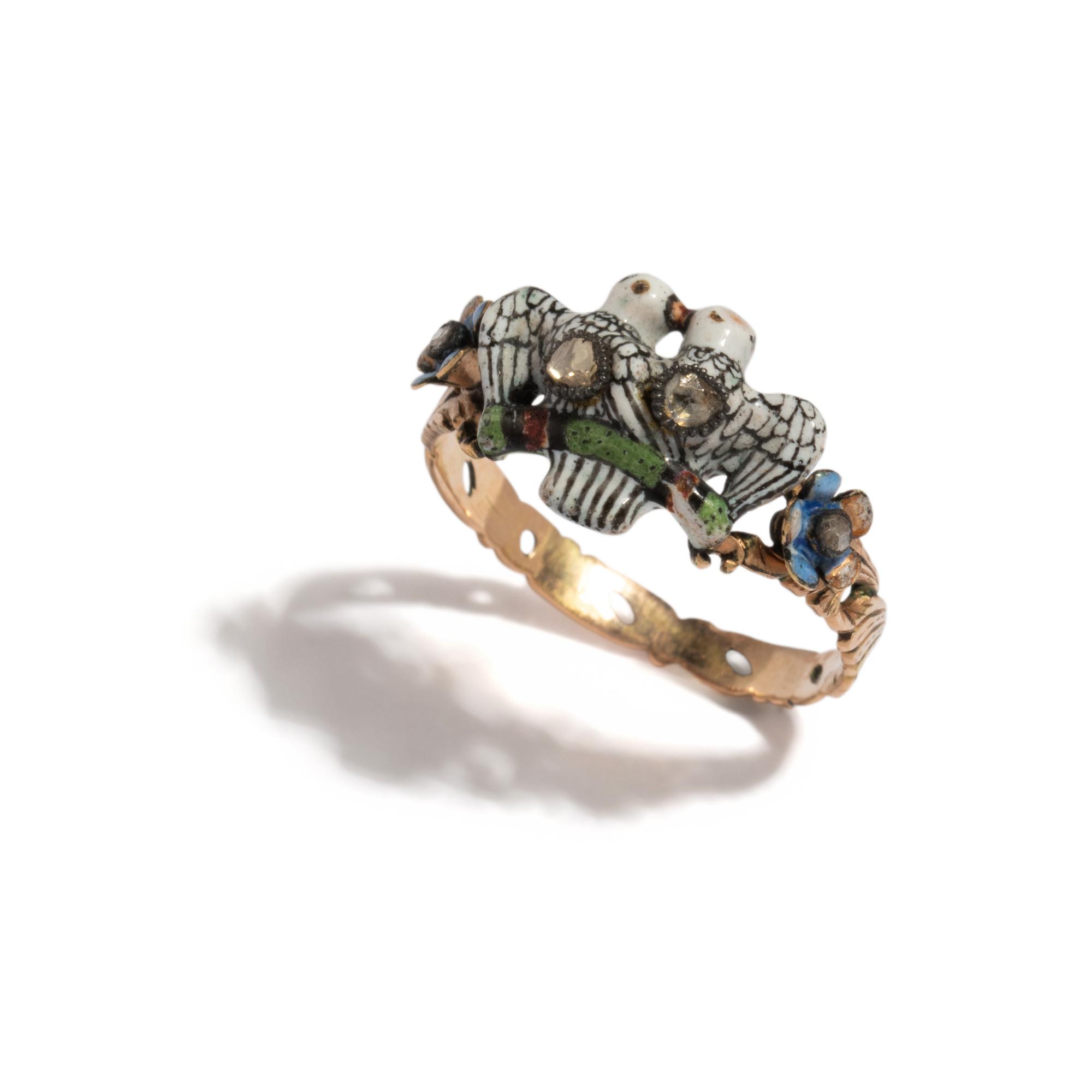 ANTIQUE, ENAMEL AND DIAMOND LOVEBIRDS RING