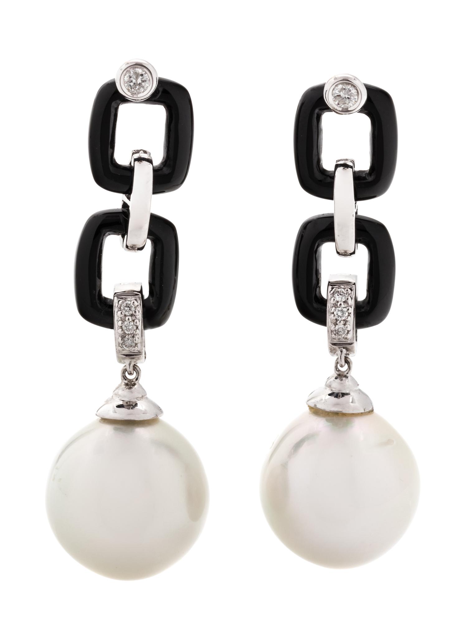 ONYX, DIAMOND AND CULTURED PEARL EARRINGS