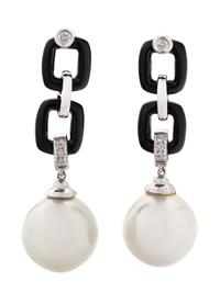 ONYX, DIAMOND AND CULTURED PEARL EARRINGS