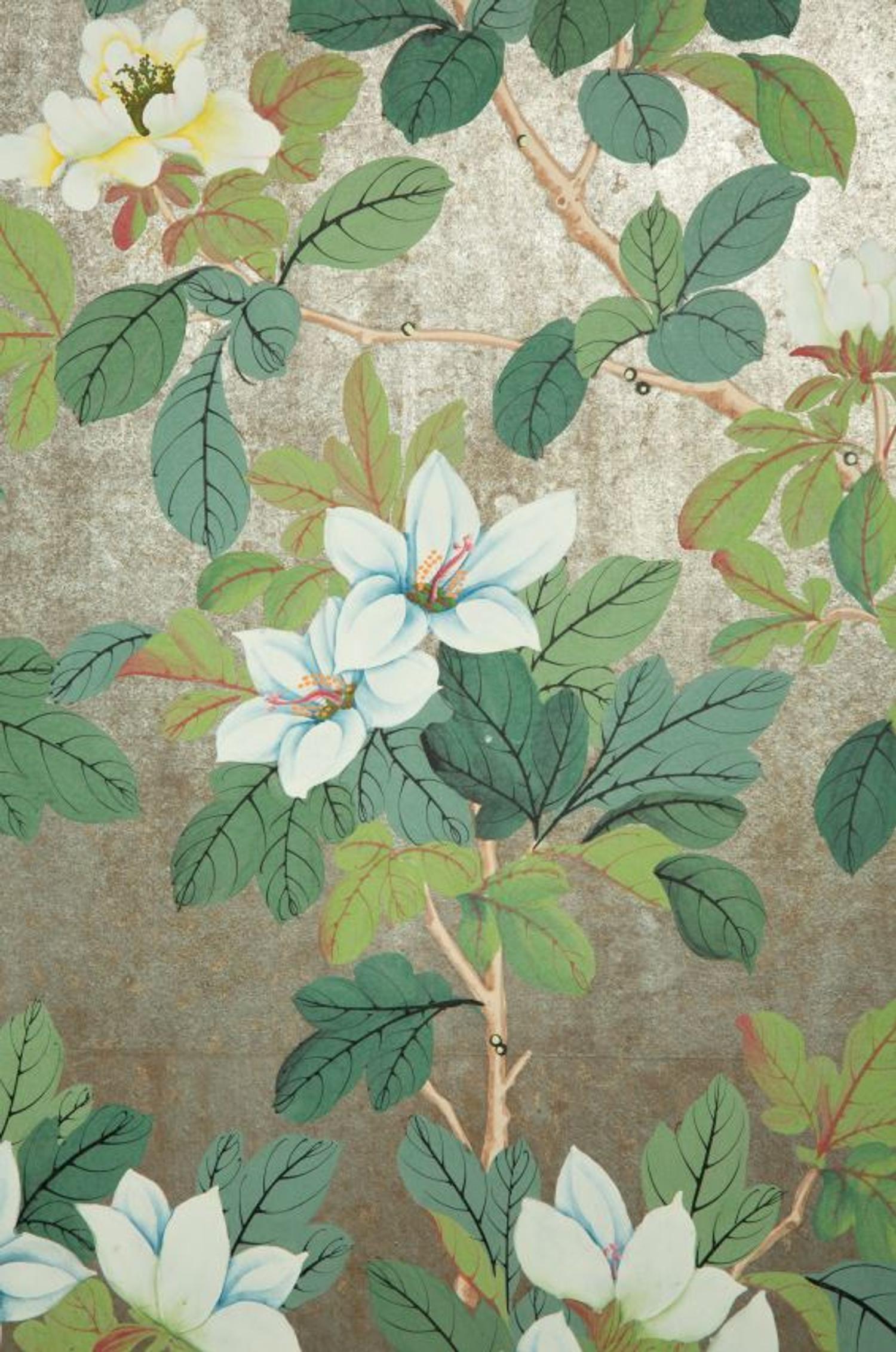 A Hand-Painted Six-Panel Gracie Screen Depicting a Chinoiserie Scene on Silvered Ground — 20TH CENTURY